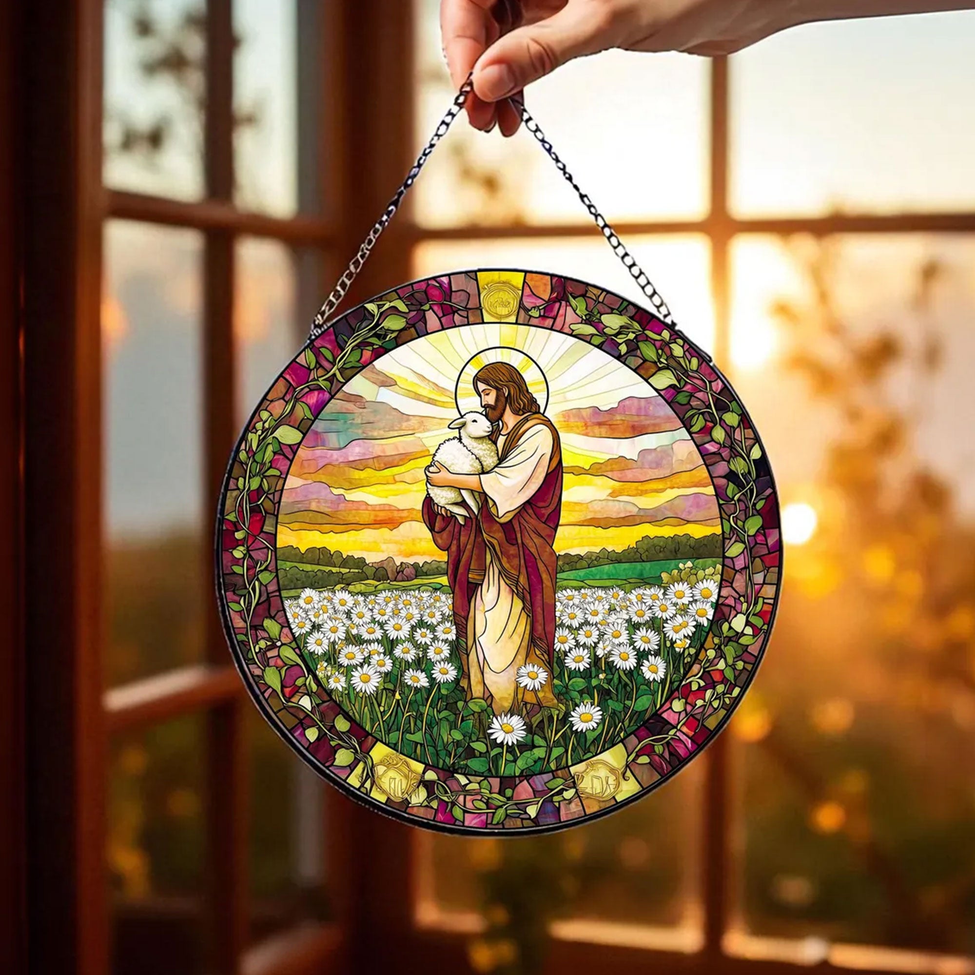 Jesus Holding Lamb Stained Glass Suncatcher, Floral Christian Window Hanging, Faith Home Decor