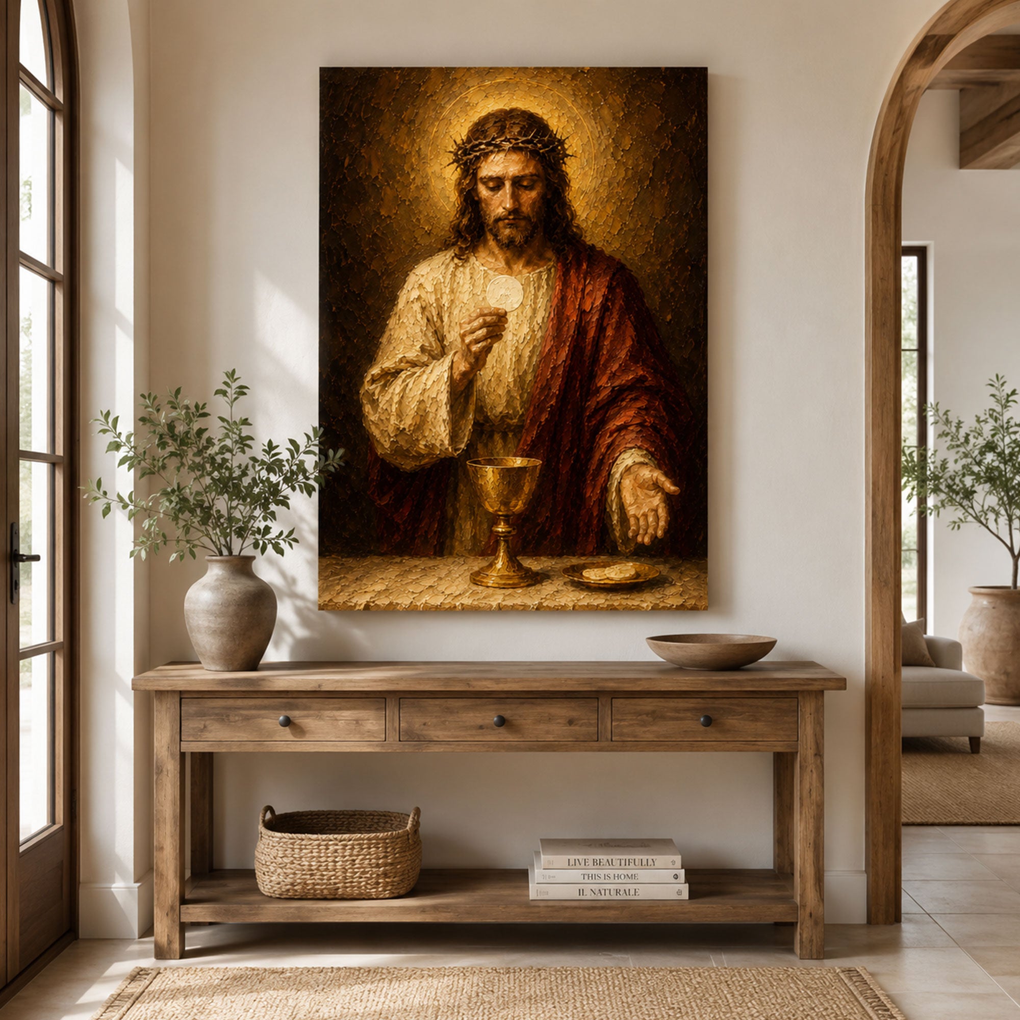Jesus Holding the Holy Eucharist Canvas Print, Catholic Eucharistic Wall Art, Christ with Sacred Host and Chalice, Religious Christian Home Decor