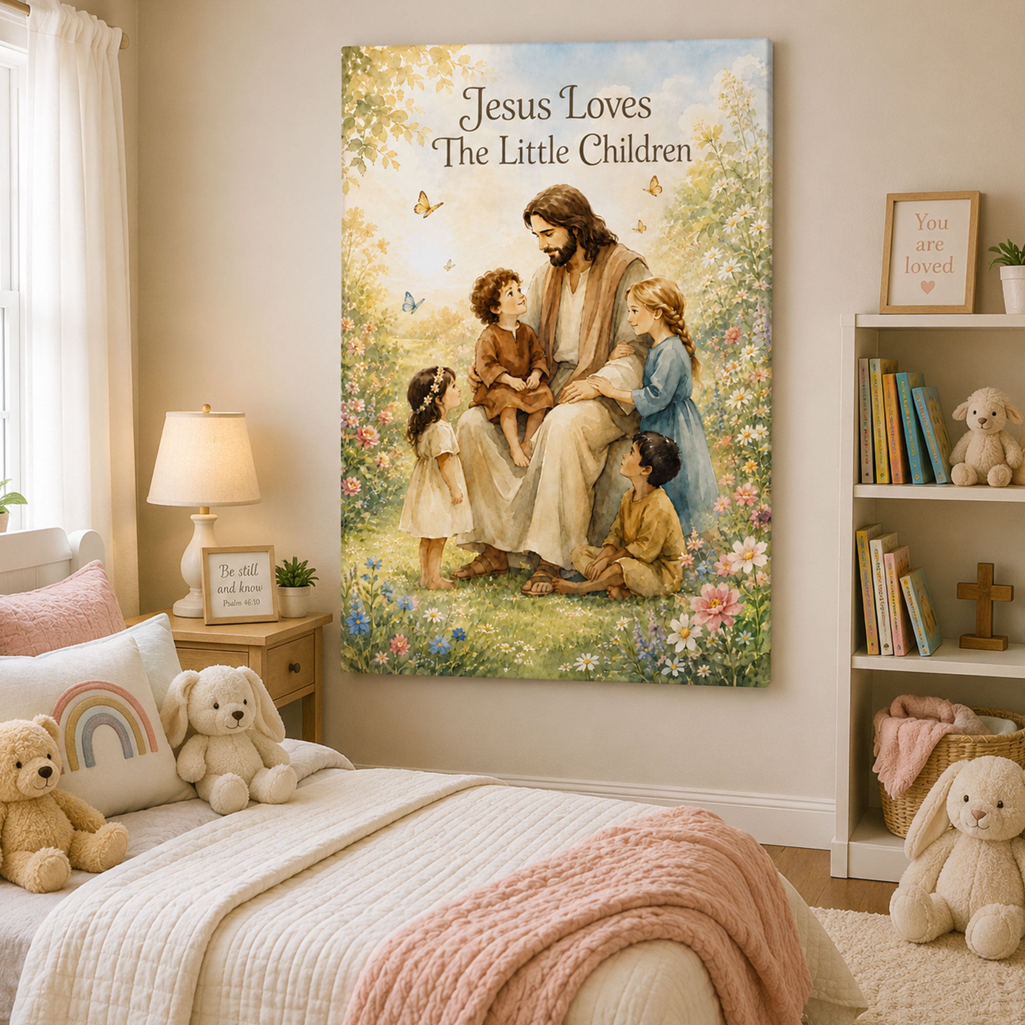 Jesus Loves The Little Children Canvas Print Christian Nursery Wall Art Watercolor Jesus with Kids Faith Decor