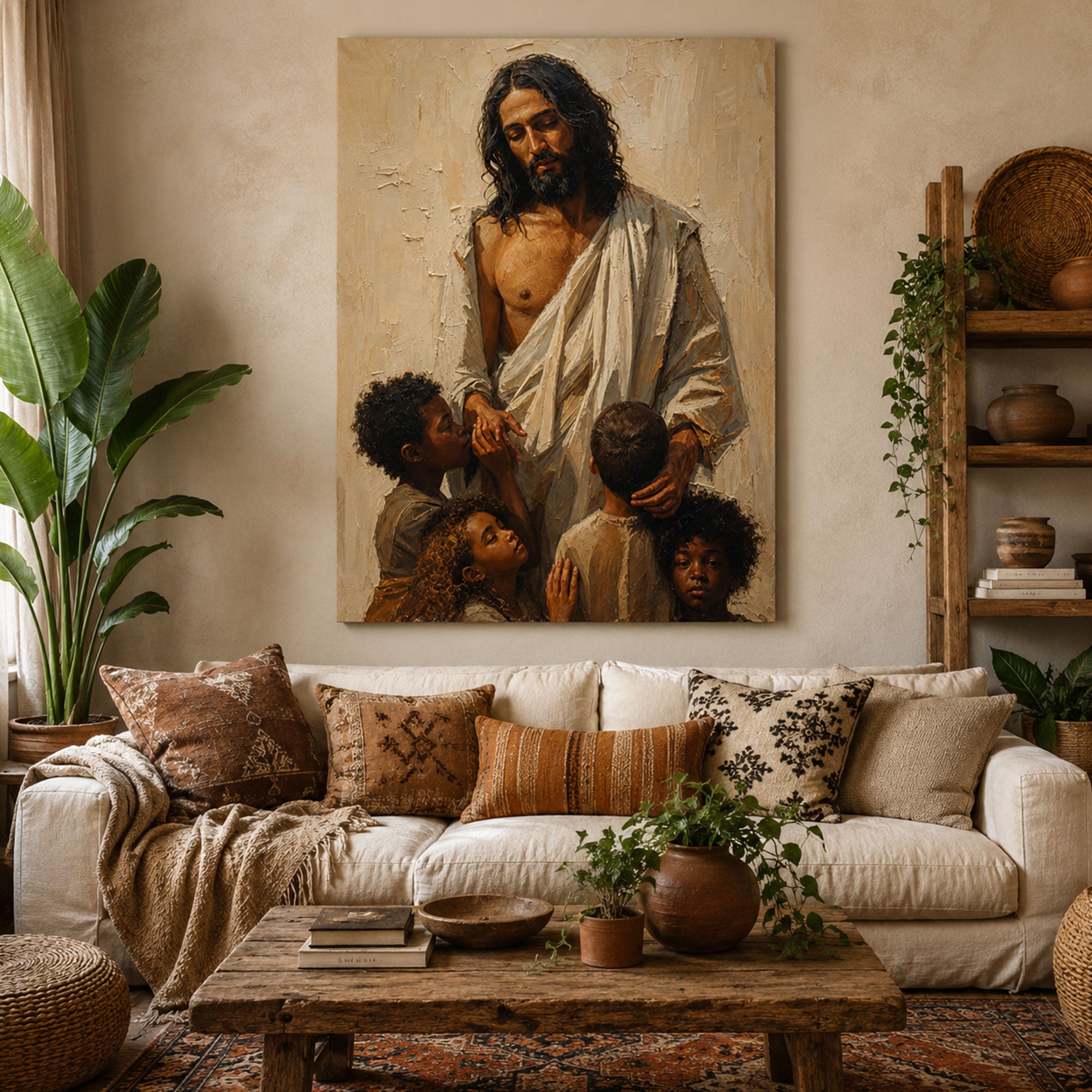 Black Jesus Blessing Children Canvas Print, Christian Family Wall Art, Faith Love Protection Home Decor
