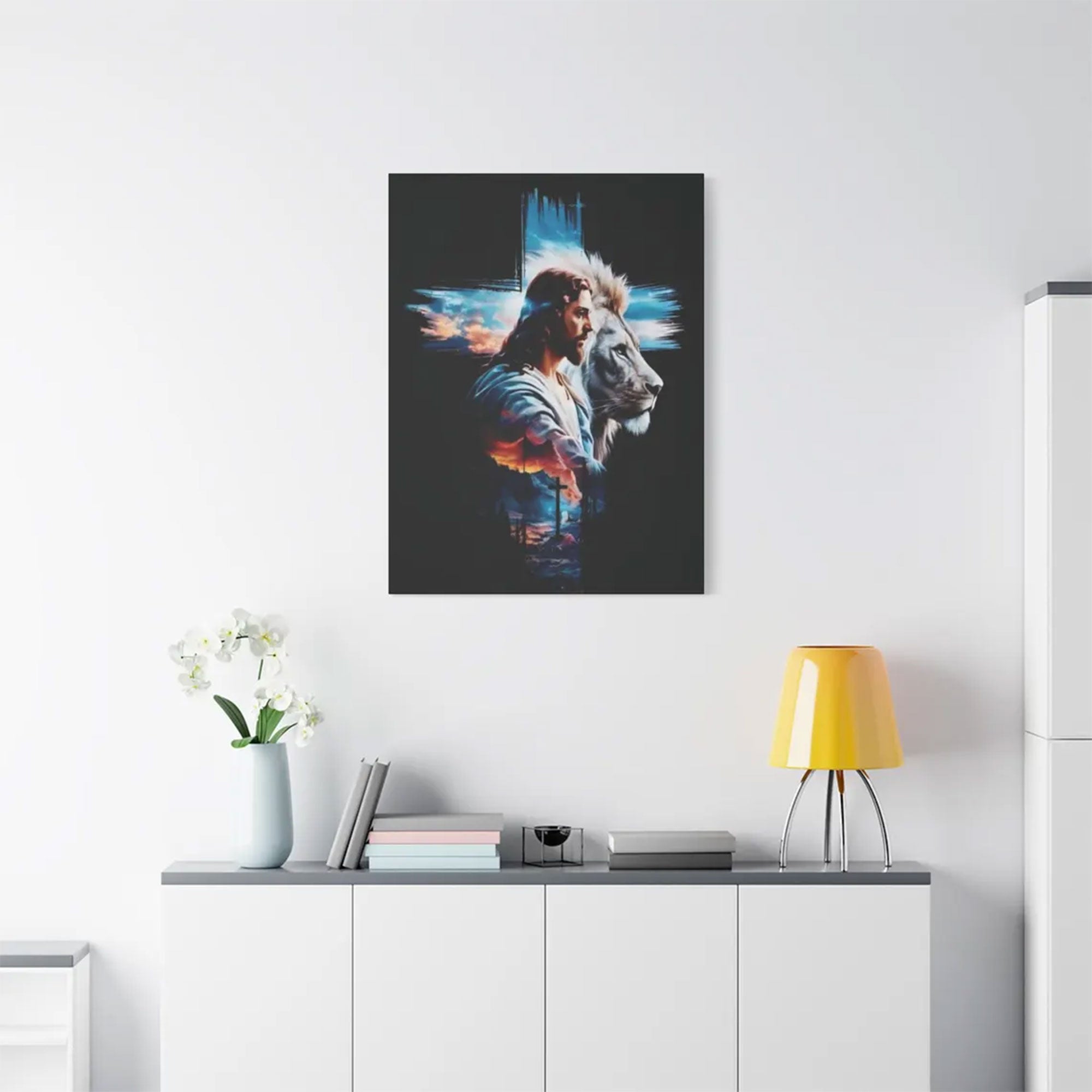 Jesus with Lion Canvas Wall Art ,Peaceful Christian Design, Religious Home Decor Gift