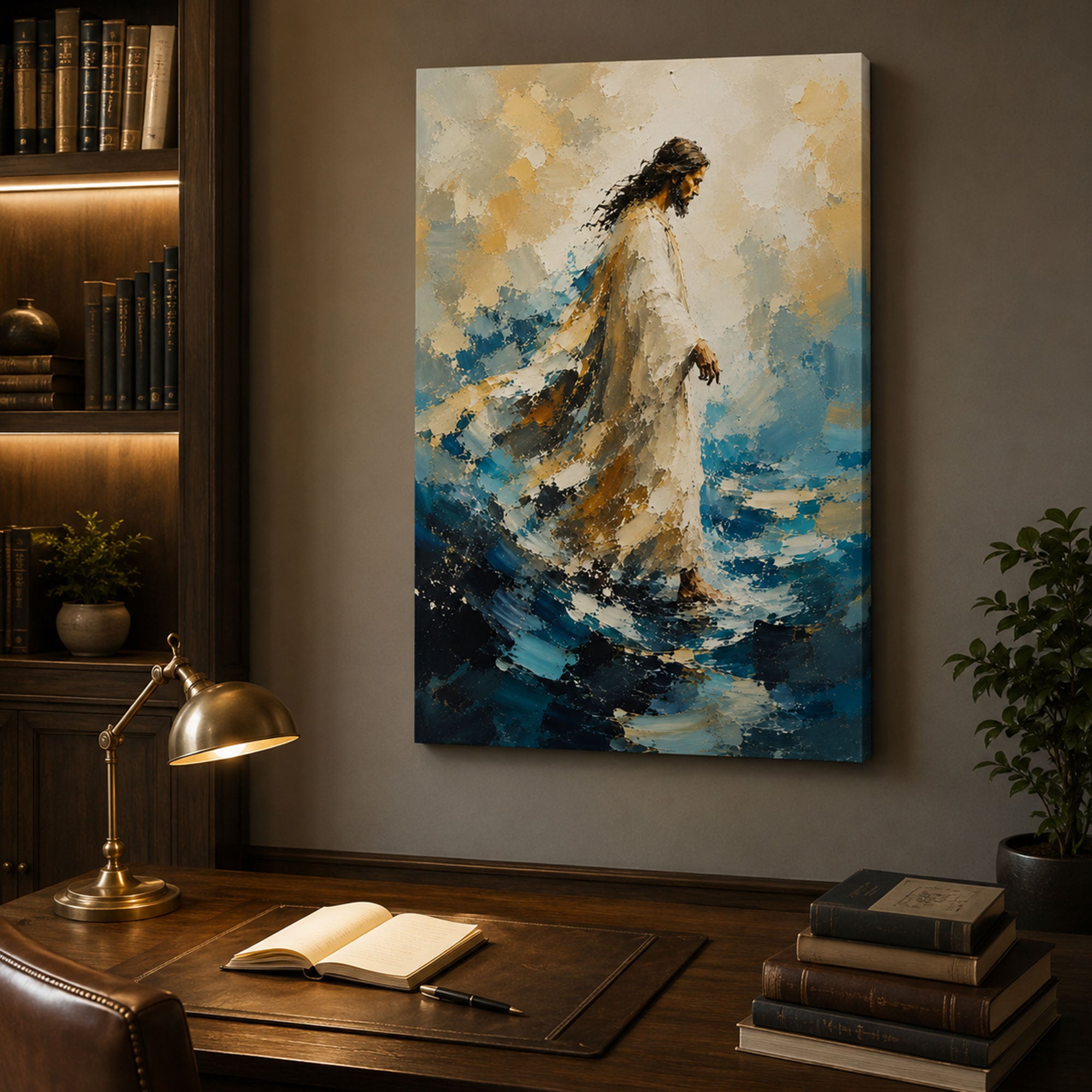 Jesus Walking on Water Canvas Print, Blue Christian Wall Art, Faith and Peace Home Decor