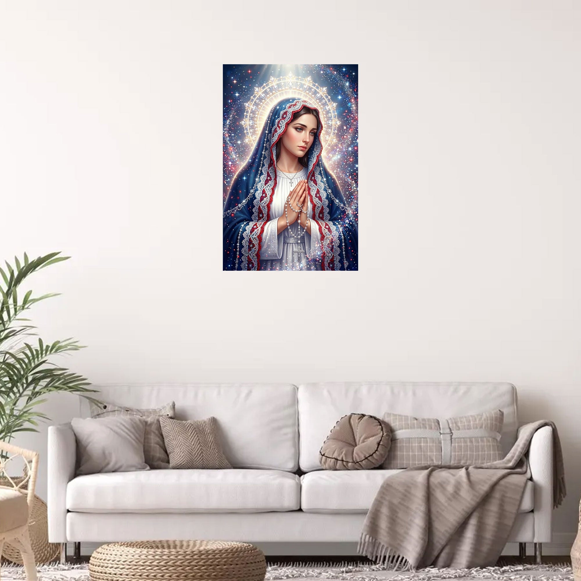 Praying Virgin Mary Canvas Print, Rosary Madonna Wall Art, Starry Sky Catholic Decor, Red White Blue Faith Artwork