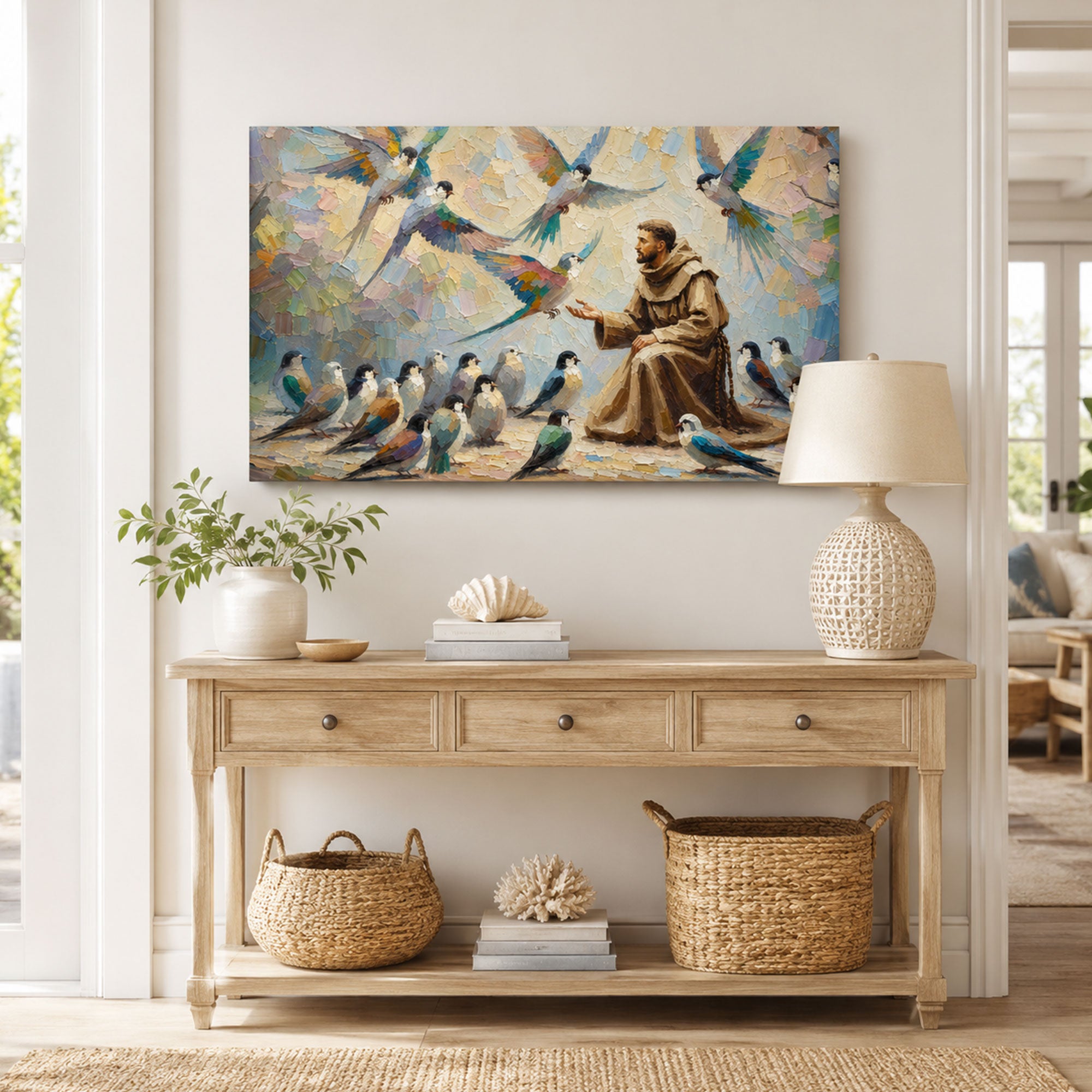 Saint Francis of Assisi Canvas Print, Catholic Saint Wall Art with Birds, Christian Home Decor Gift