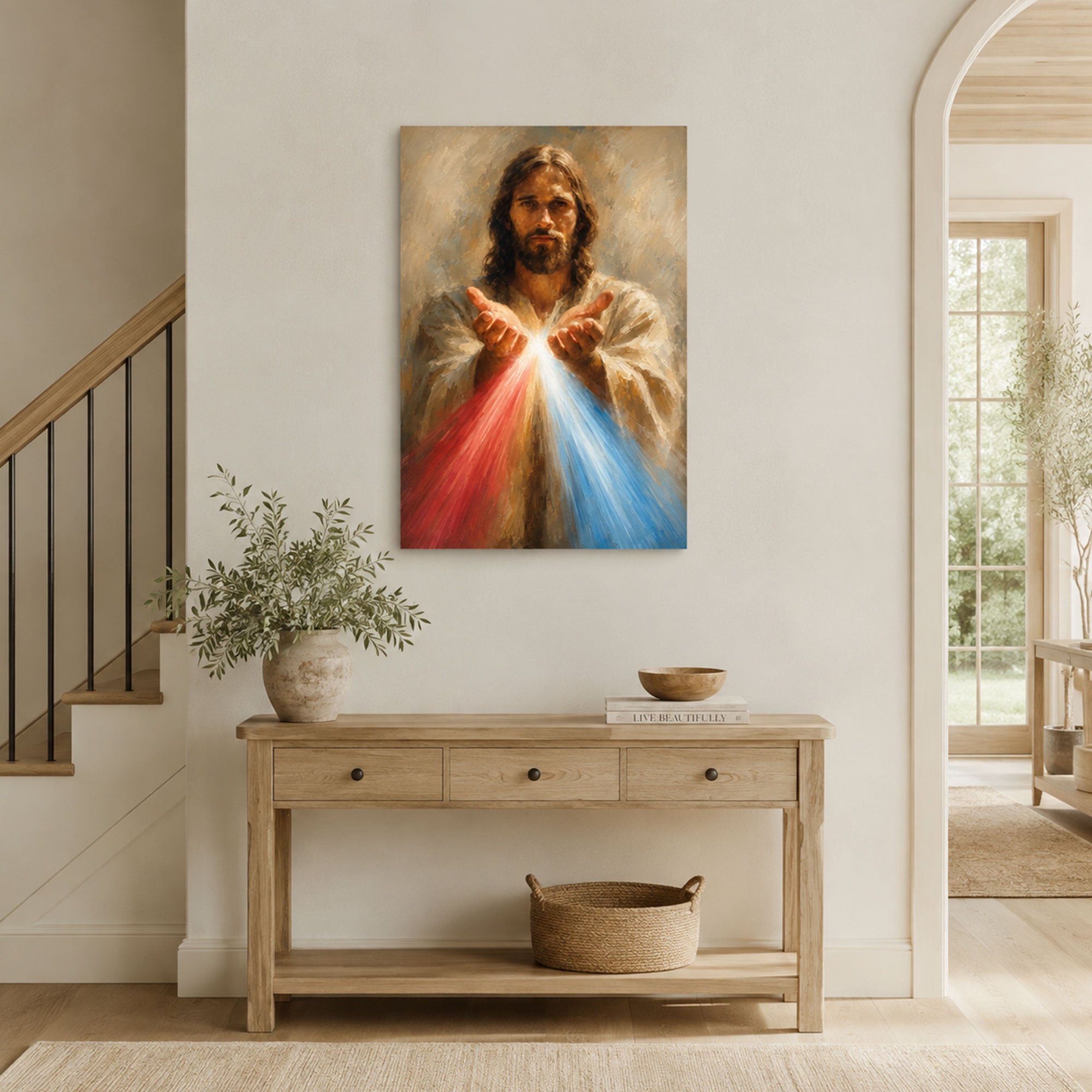 Divine Mercy Jesus Canvas Print, Red and Blue Rays Catholic Wall Decor, Christian Faith Gift