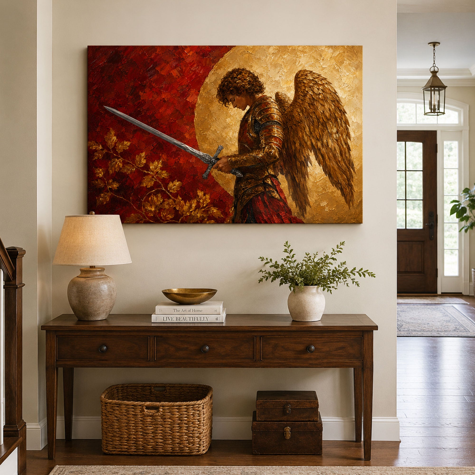 St. Michael the Archangel Panoramic Canvas Print, Catholic Warrior Angel Wall Art, Faith Home Decor Gift