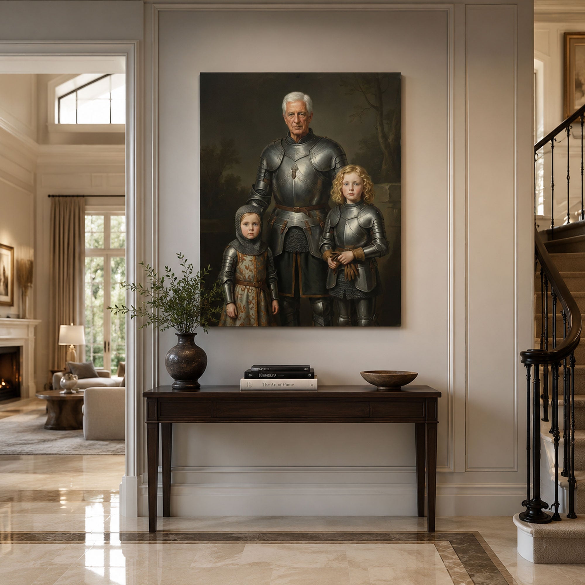 Personalized Knight Grandpa And Grandchildren Canvas Print, Custom Medieval Family Portrait Wall Art, Father’s Day Gift For Grandpa