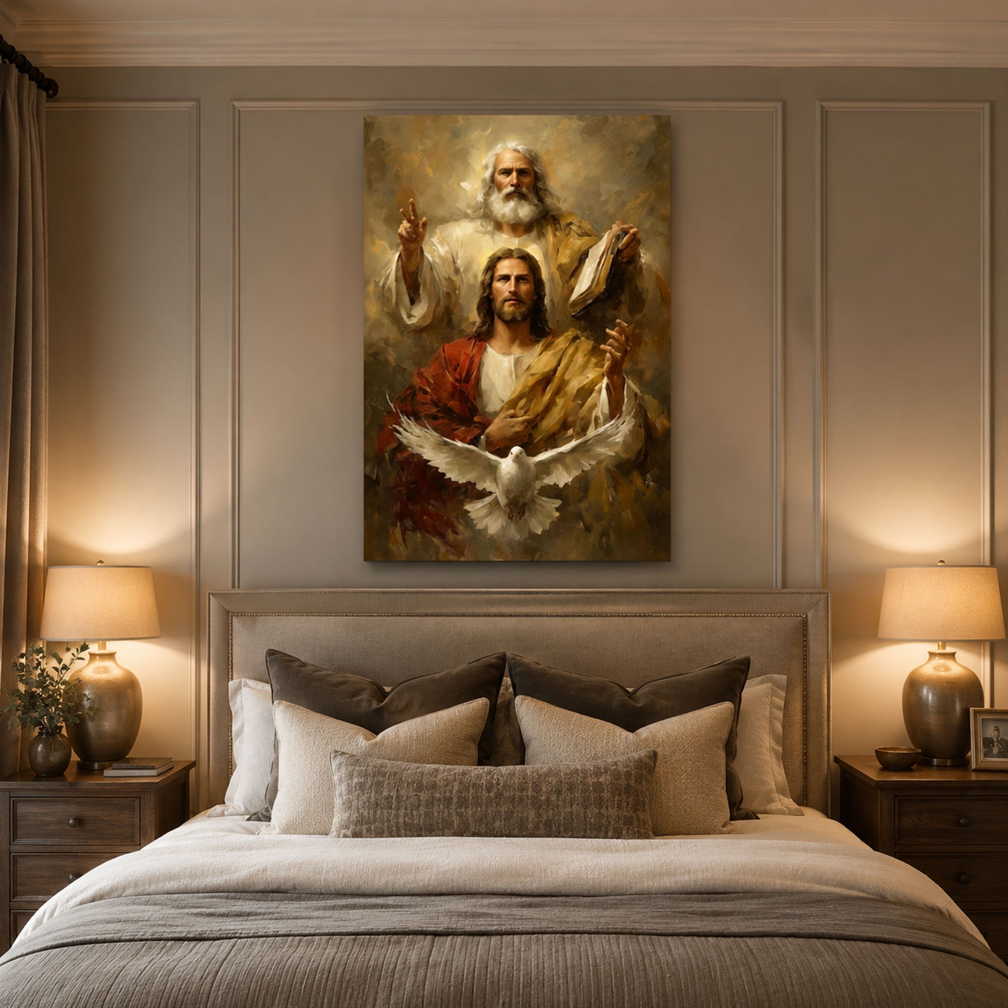 Holy Trinity Wall Art, God The Father Jesus Christ Holy Spirit Dove Canvas Print, Christian Faith Decor