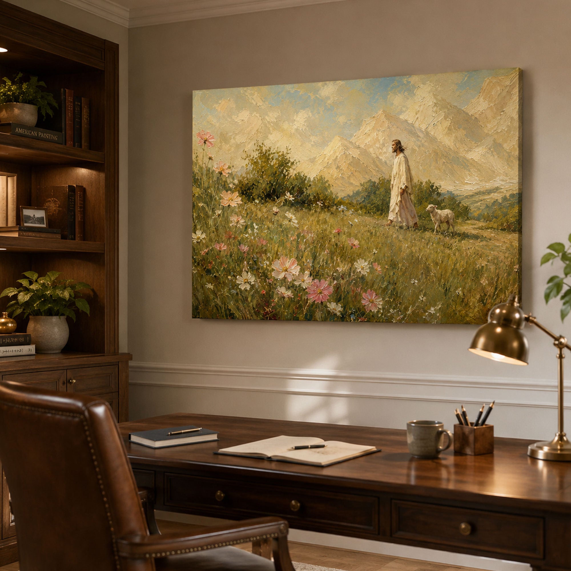 Good Shepherd Jesus Panoramic Canvas Print, Mountain Meadow Christian Wall Art, Faith Home Decor Gift