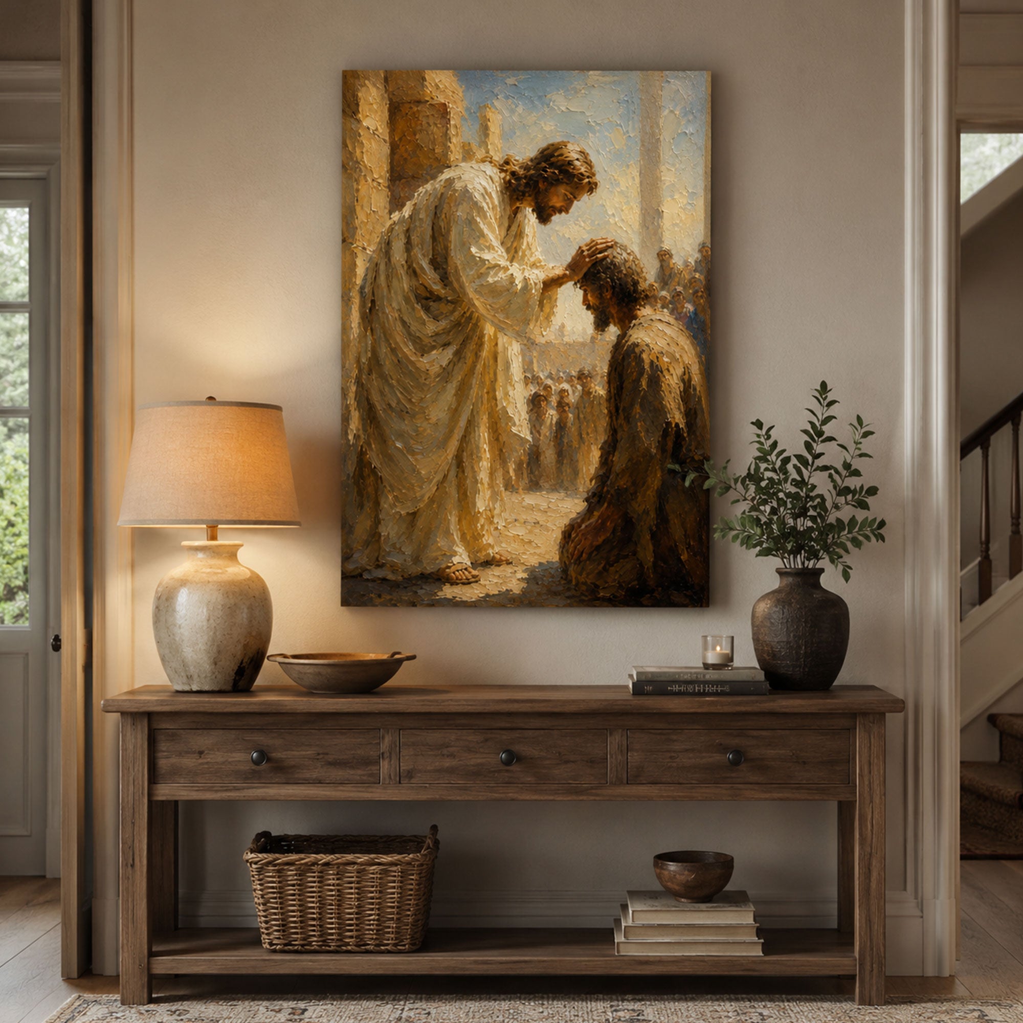 Jesus Laying Hands Canvas Print, Christian Healing Wall Art, Faith Home Decor Gift
