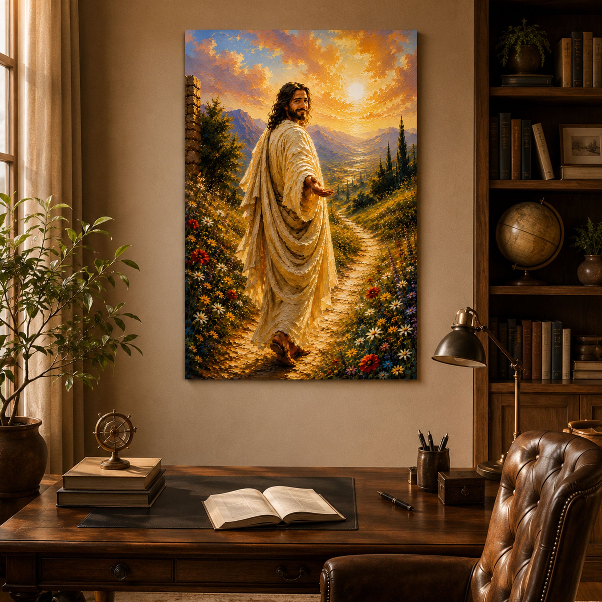Jesus Reaching Out Canvas Print, Follow Me Christian Wall Art, Floral Path Faith Home Decor