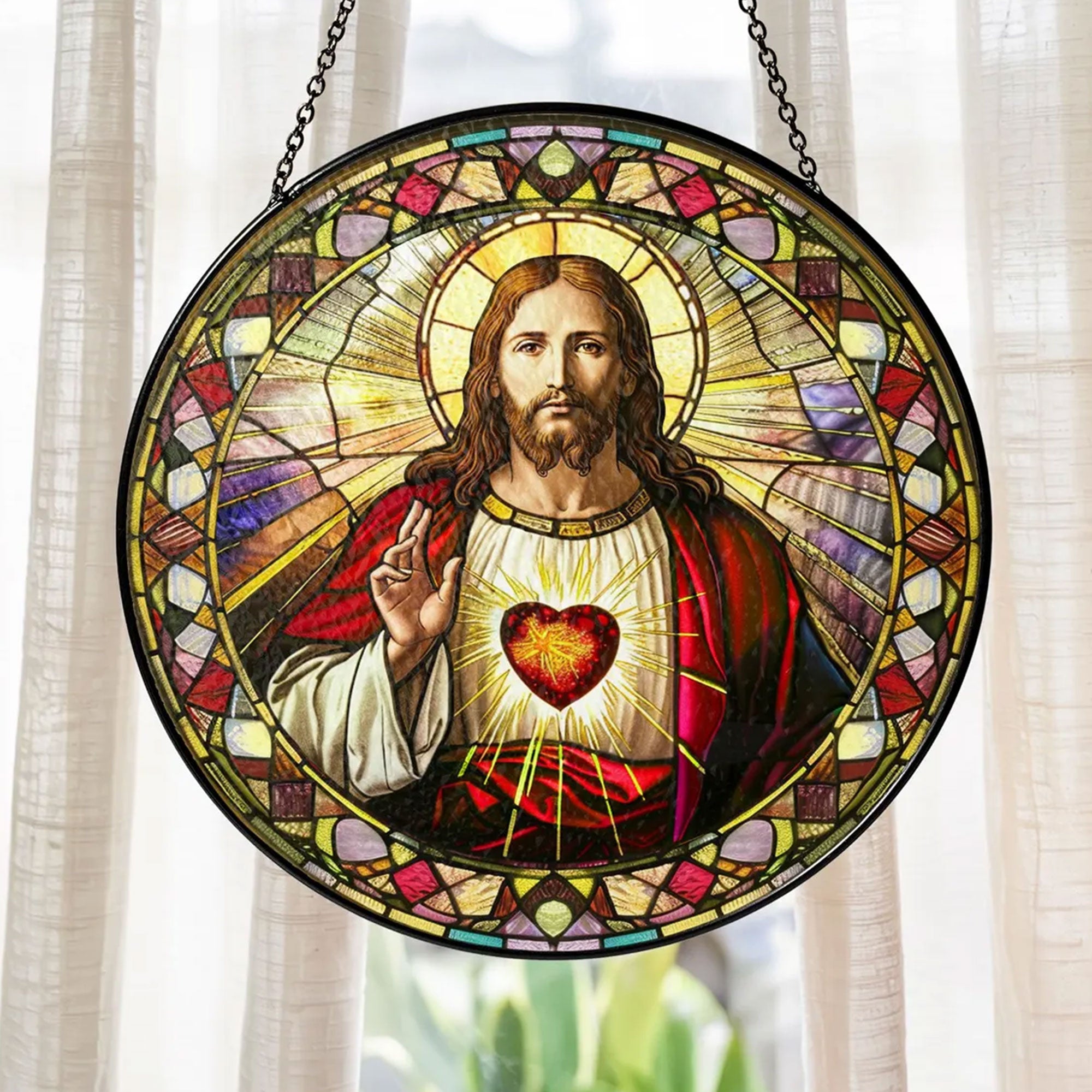 Sacred Heart of Jesus Stained Glass Suncatcher, Catholic Window Hanging Decor, Christian Religious Faith Gift