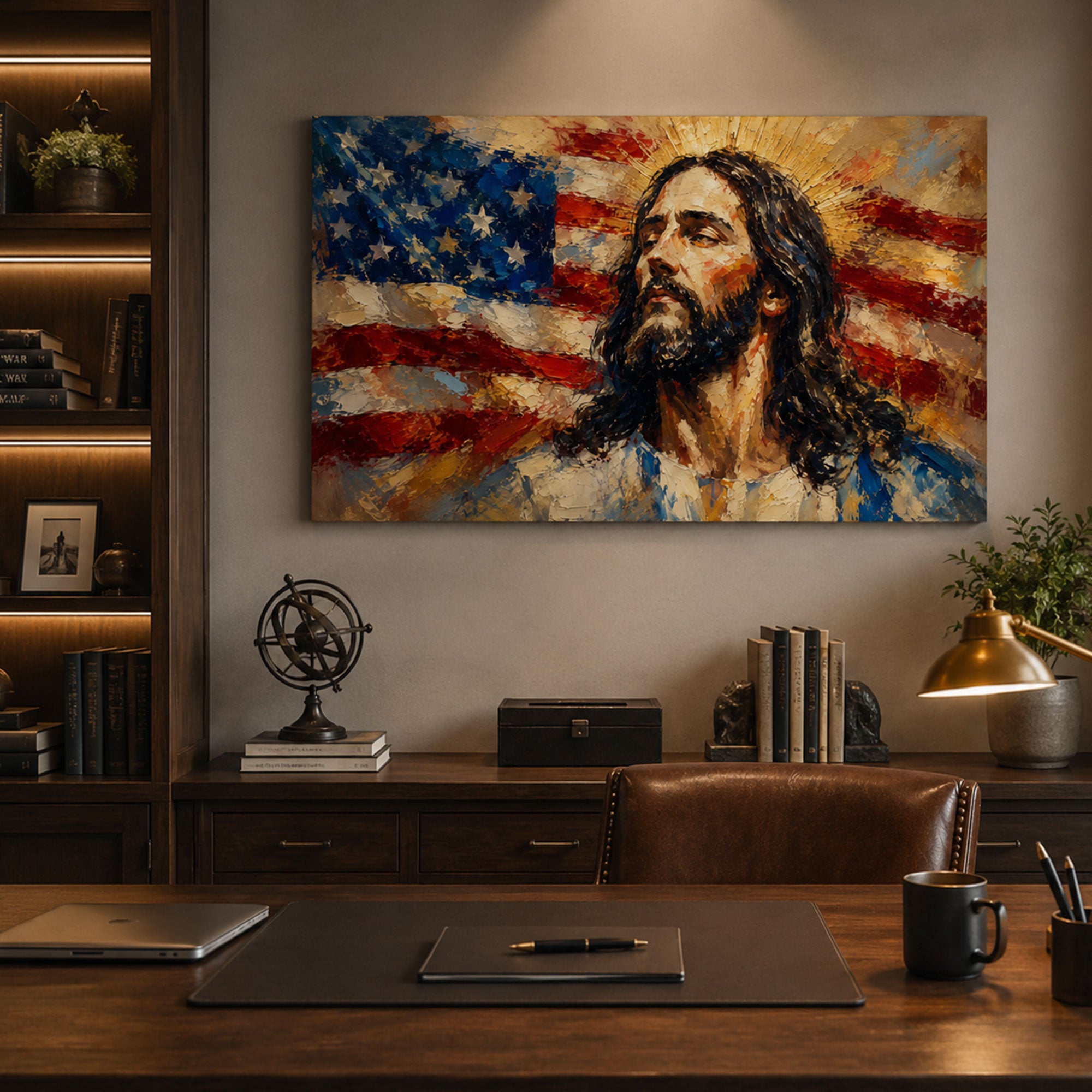 Jesus with American Flag Canvas Print, Patriotic Christian Wall Art, Faith and Freedom Home Decor