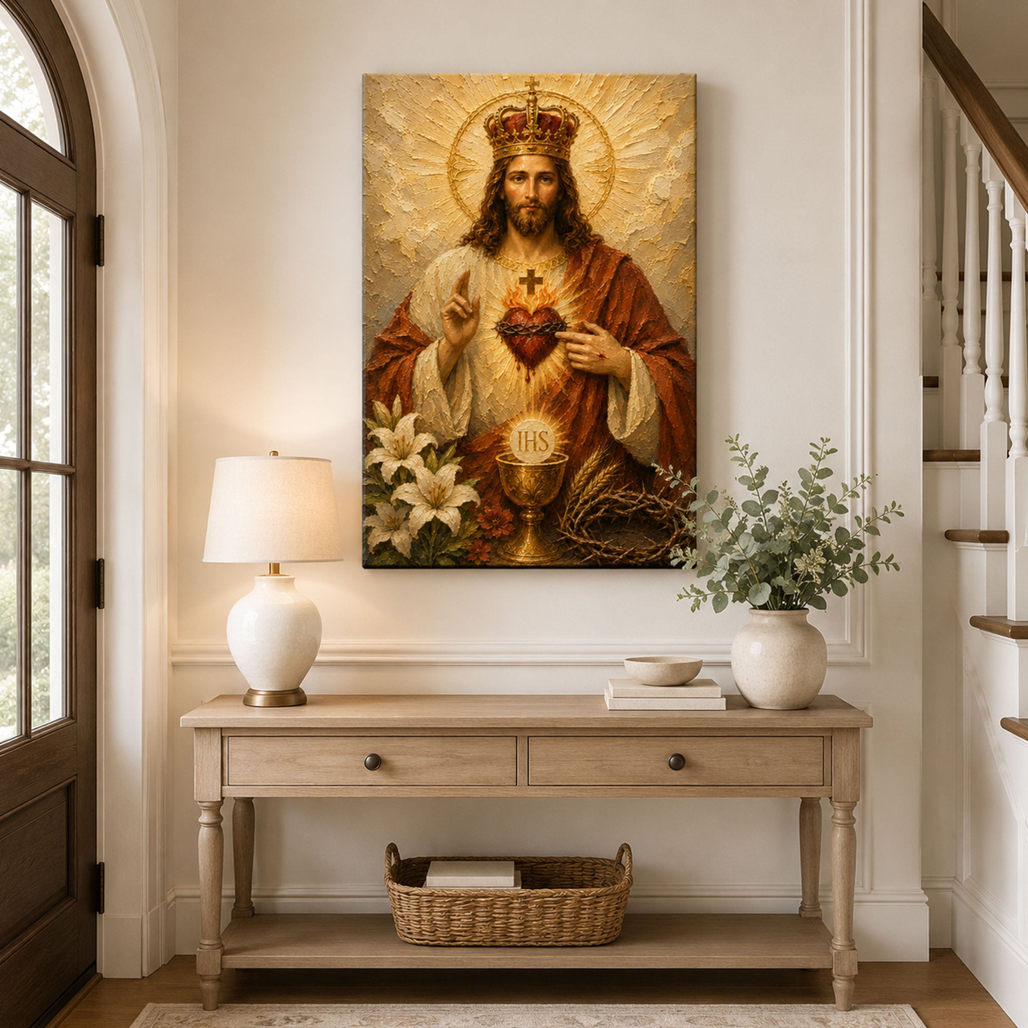 Christ the King Sacred Heart Canvas Print, Catholic Eucharist Wall Art, White and Gold Faith Home Decor Gift
