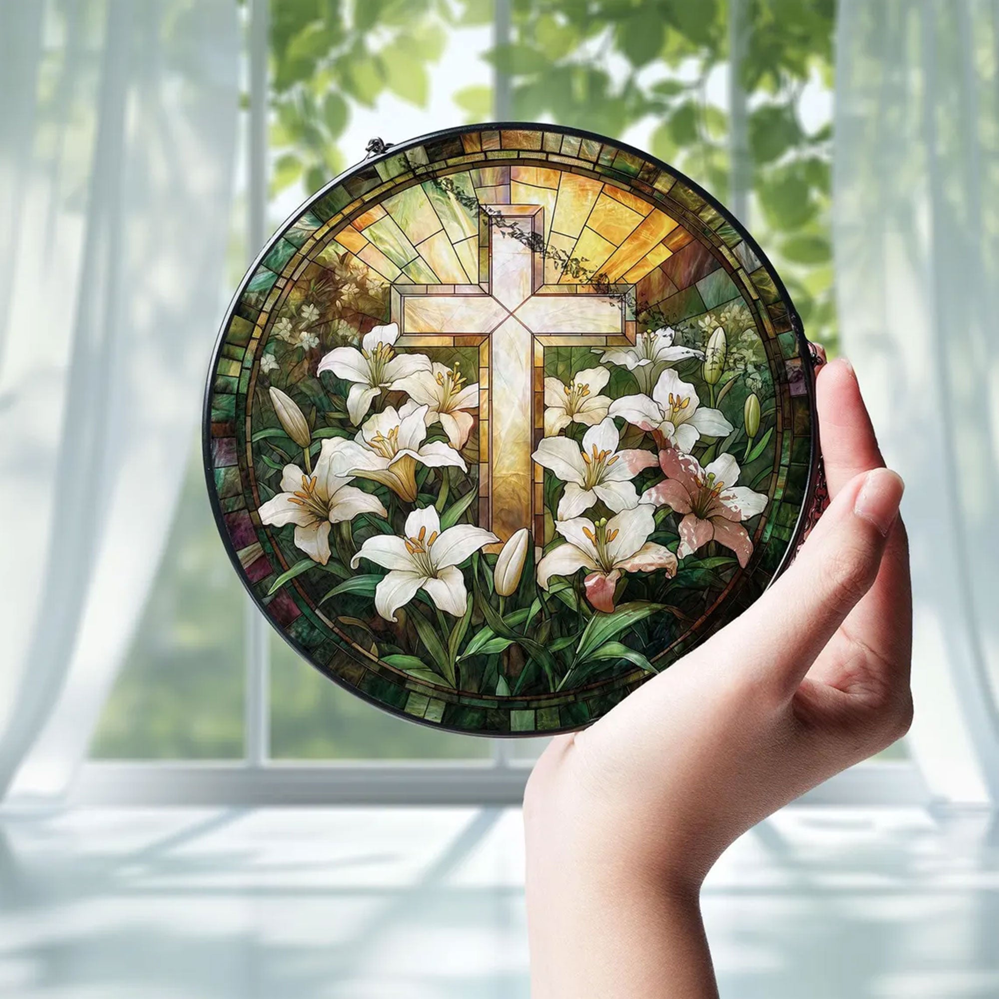 Stained Glass Lily Cross Suncatcher, Christian Window Hanging Decor, Floral Faith Gift, Religious Home Ornament