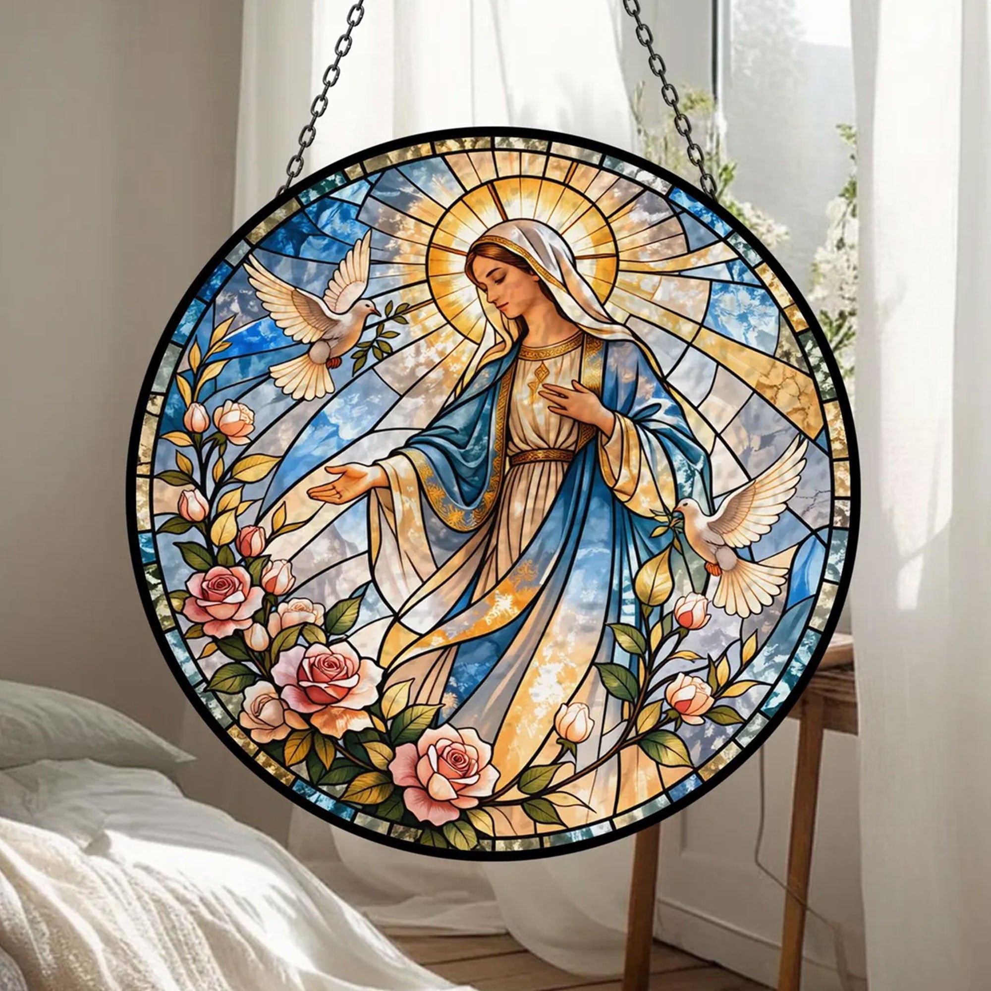 Virgin Mary with Doves and Roses Suncatcher, Catholic Window Hanging, Peaceful Christian Gift
