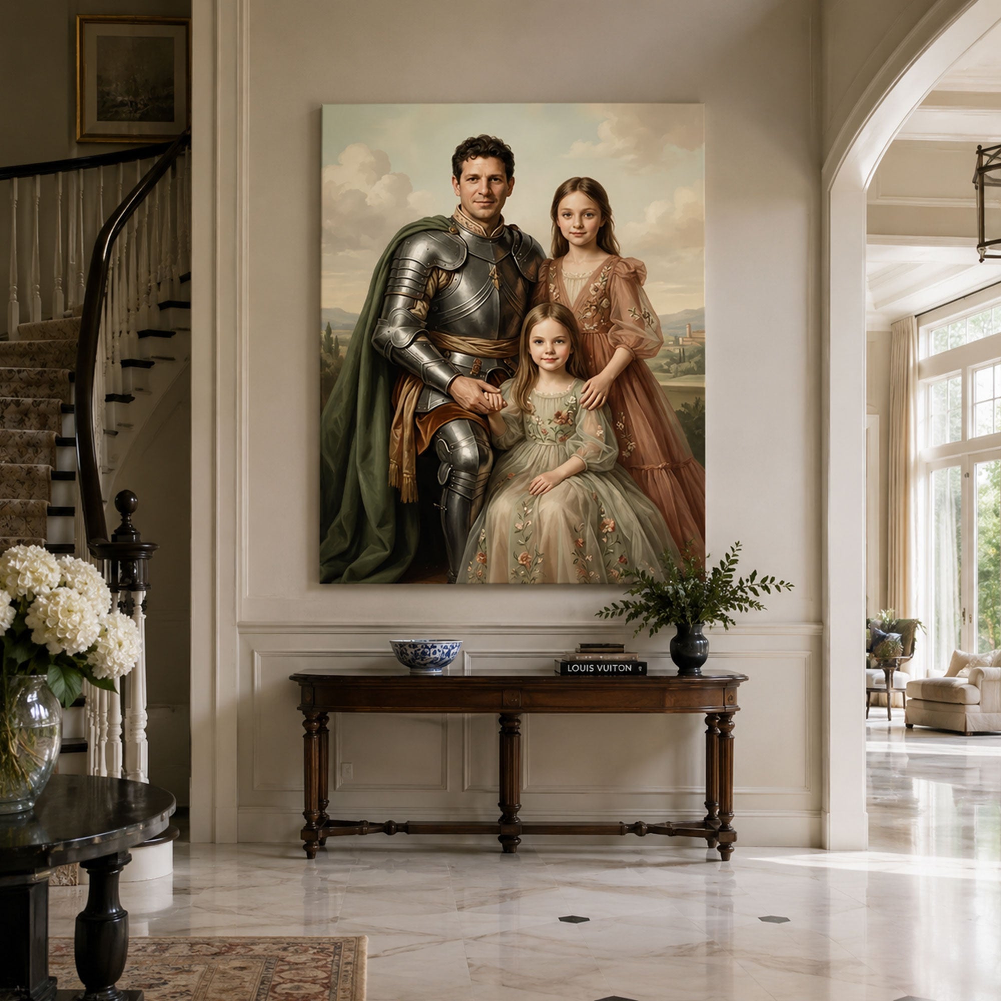Custom Face For Dad Romantic Knight Canvas, Personalized Father and Daughters Portrait, Father’s Day Gift