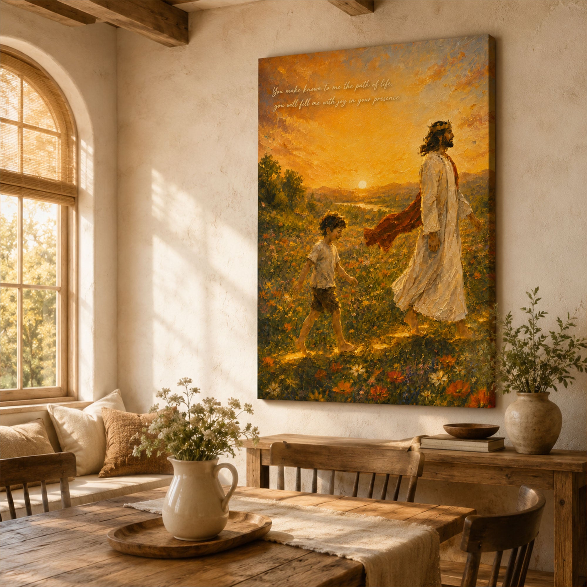 Impasto Jesus Walking With Child Canvas Print, Inspirational Christian Wall Art, Golden Sunset Faith Painting, Spiritual Home Decor