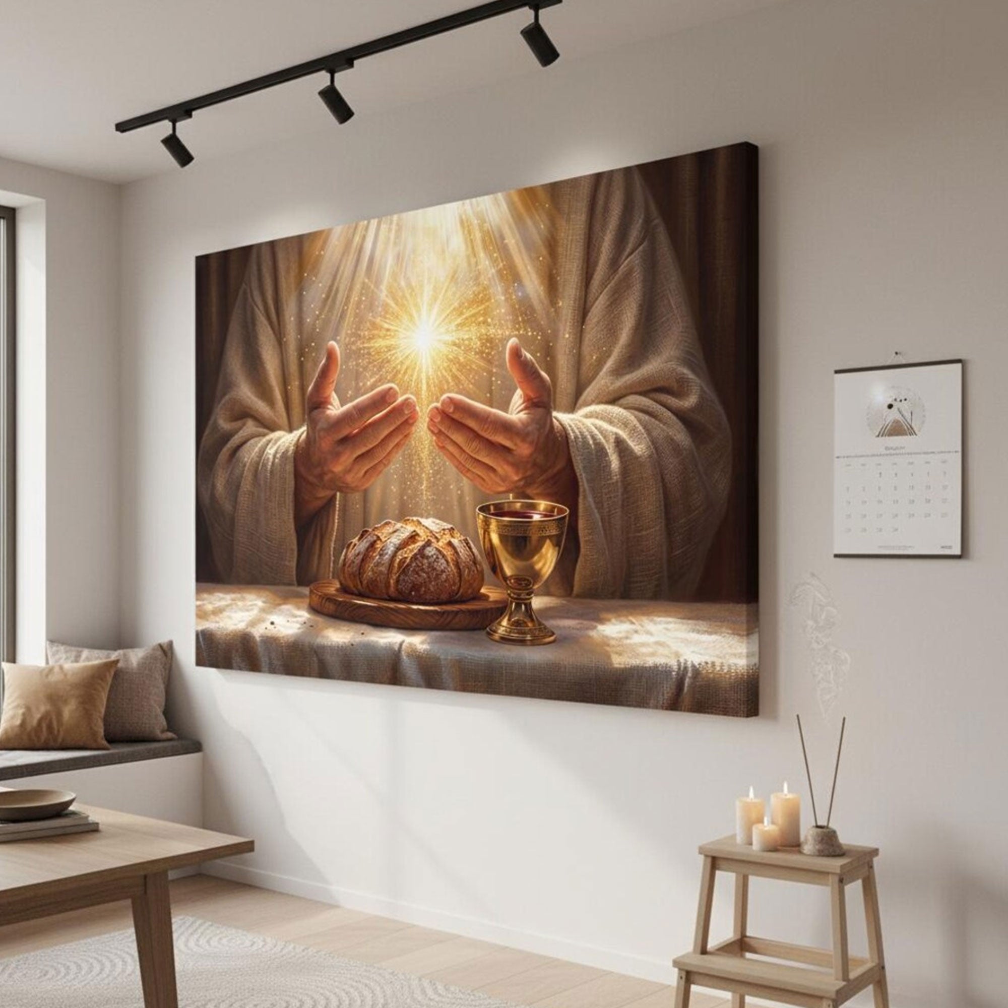 Golden Light Eucharist Canvas Print, Abstract Christian Wall Art, Catholic Faith Home Decor