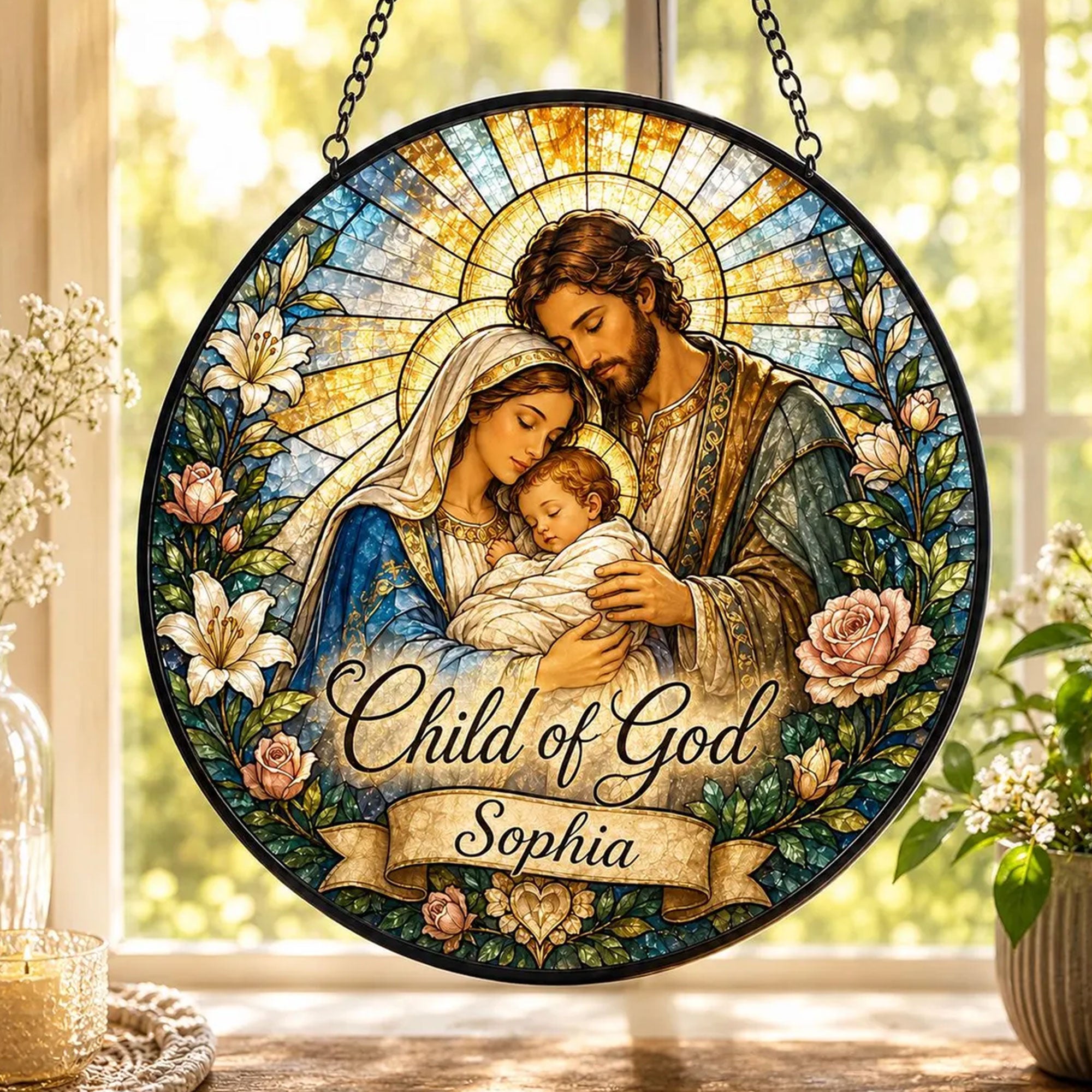 Personalized Child of God Holy Family Suncatcher, Custom Name Catholic Baptism Gift for Baby Girl