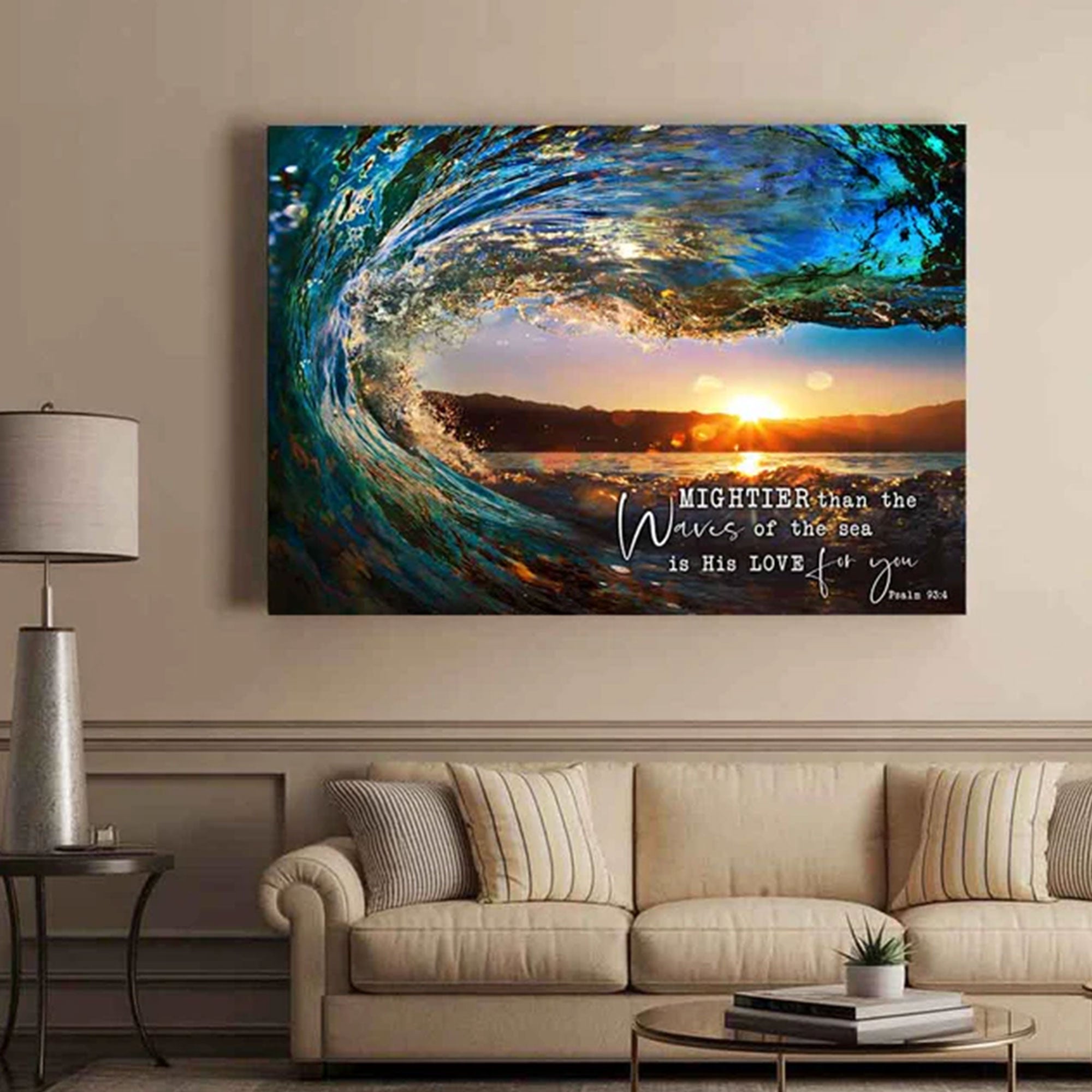 “Mightier Than The Waves Of The Sea” Canvas Print, Christian Scripture Wall Art, Coastal Faith Decor, Inspirational Bible Artwork