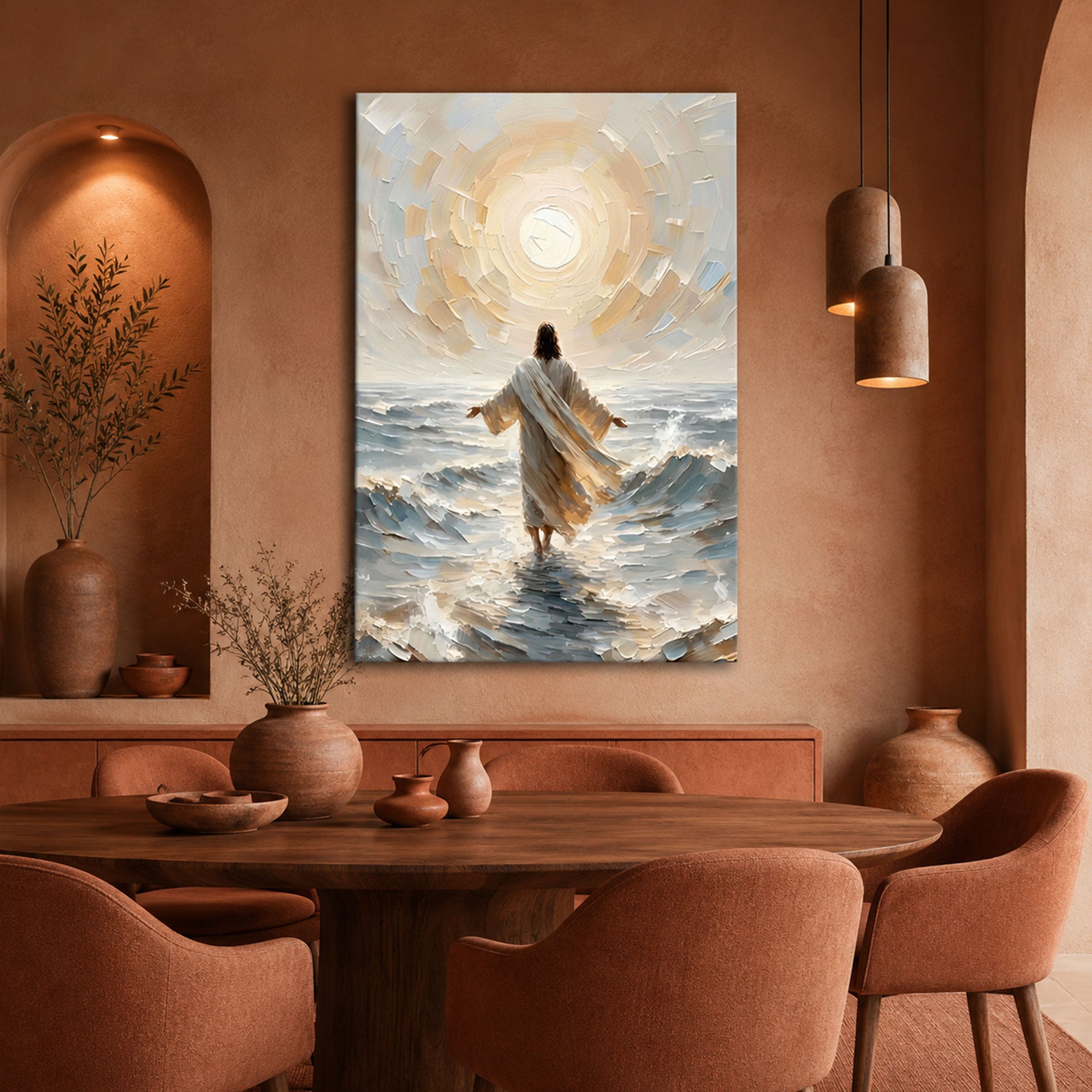 Jesus Walking Through the Waves Canvas Art, Divine Light Christian Wall Decor, Ocean Faith Spiritual Artwork