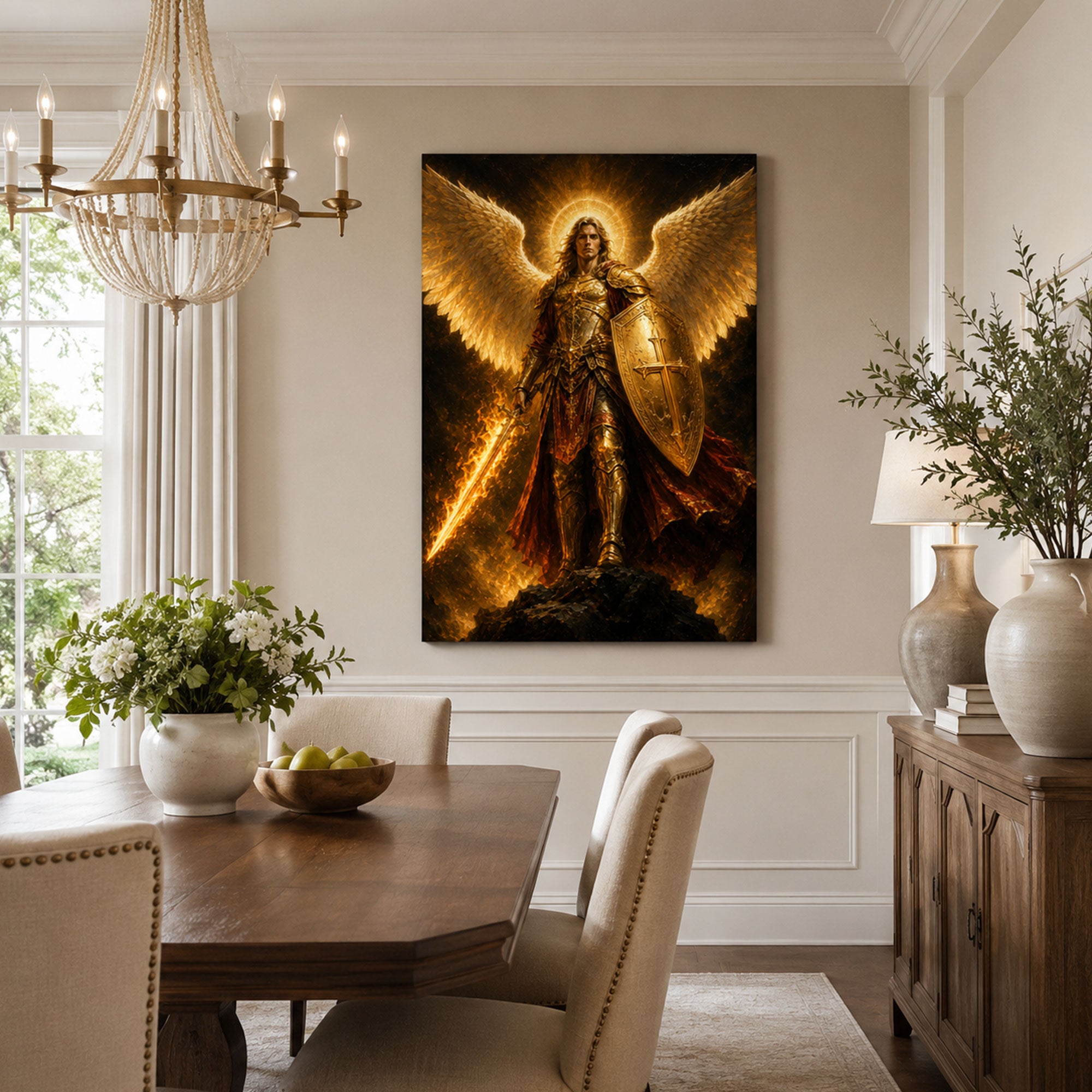 Saint Michael with Flaming Sword and Cross Shield Canvas Print, Catholic Home Decor