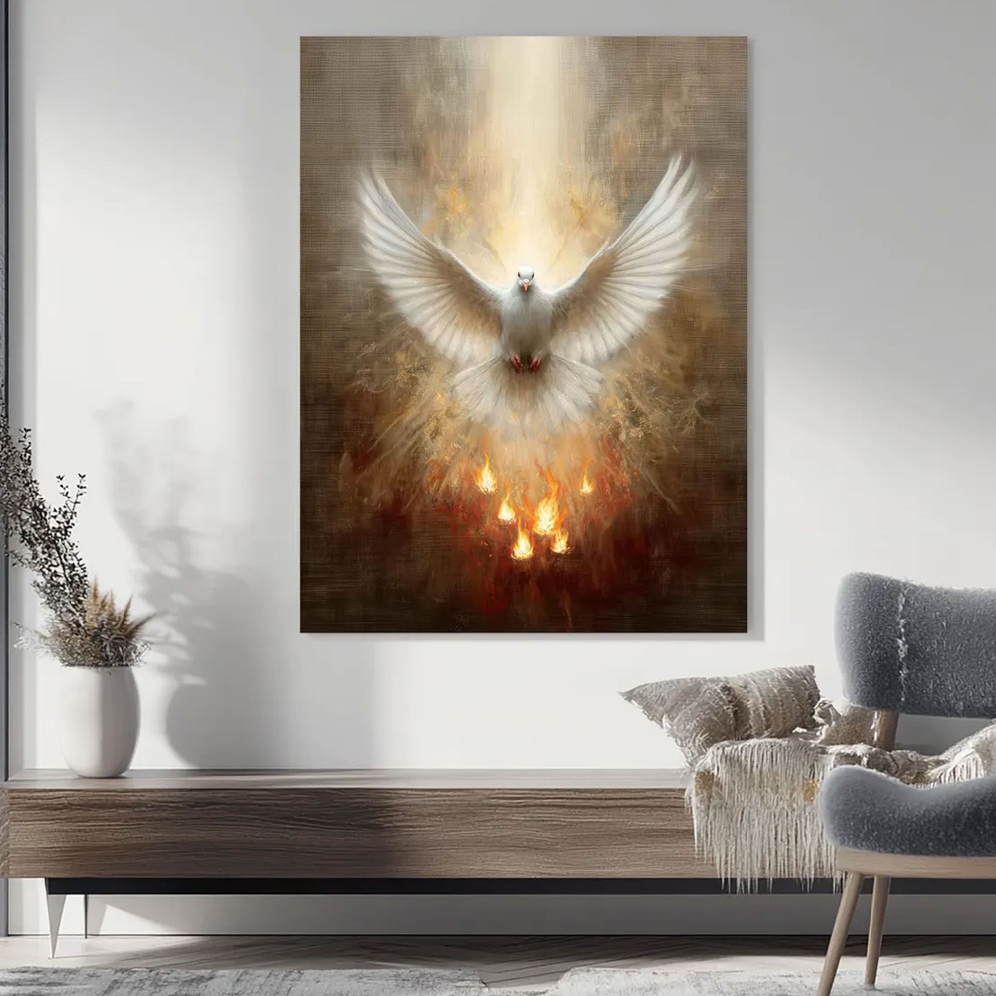 Holy Spirit Dove Canvas Print, Pentecost Fire Christian Wall Art, Religious Faith Decor, Sacred Spiritual Artwork