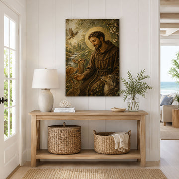 Saint Francis of Assisi Canvas Print, Catholic Saint Wall Art with Animals, Christian Home Decor Gift