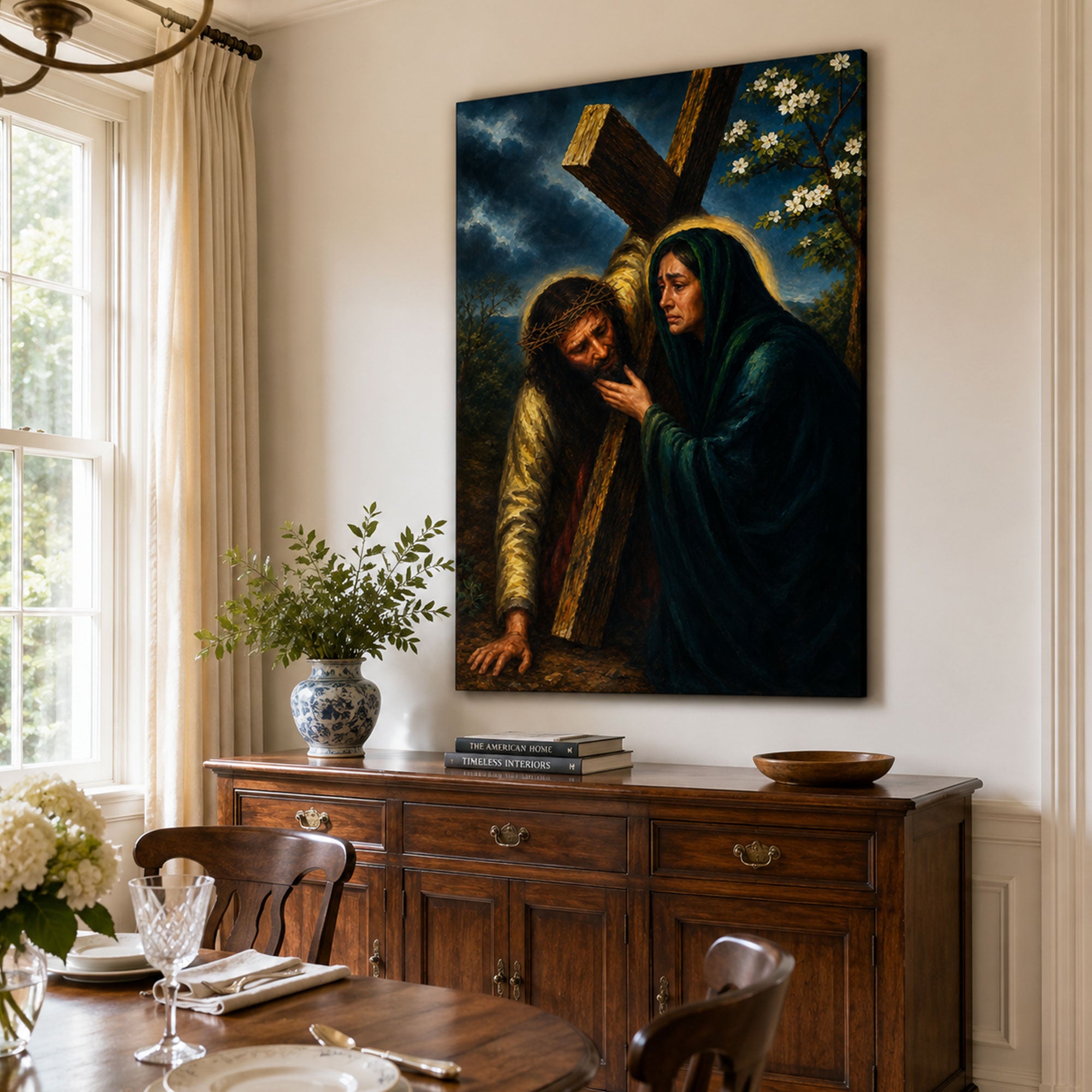 Jesus Meets His Mother Canvas Print, Way of the Cross Catholic Wall Art, Sorrowful Mary Home Decor Gift