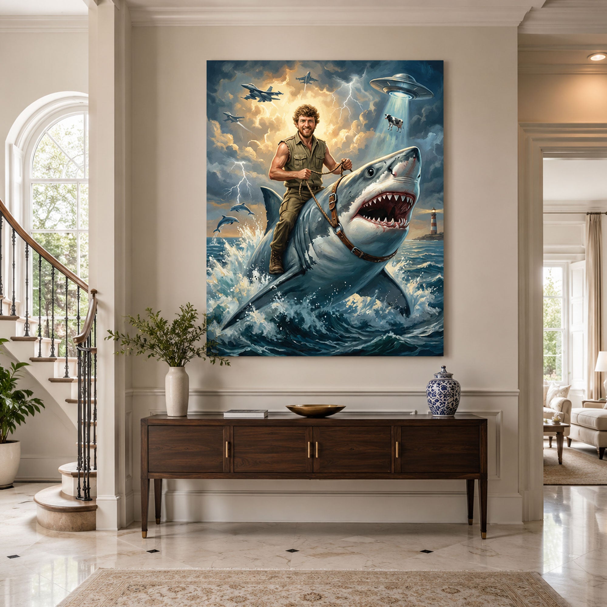 Custom Face For Dad Shark Rider Canvas, Personalized Ocean Adventure Portrait, Funny Father’s Day Gift