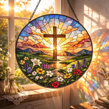 Christian Cross Stained Glass Suncatcher, Sunrise Floral Window Decor, Religious Faith Art Gift