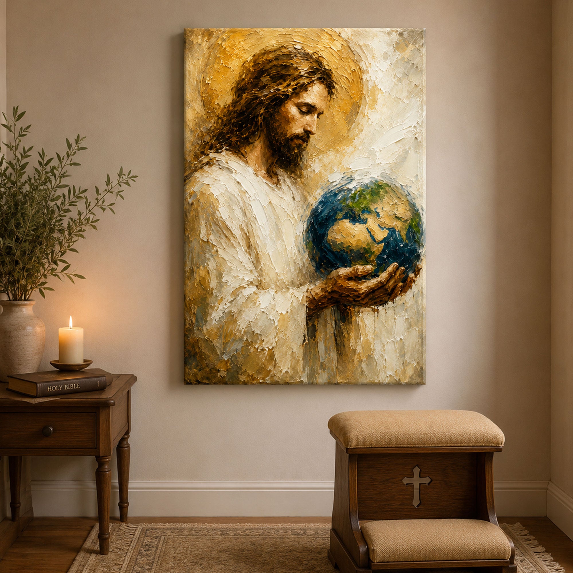 Jesus Holding the World Canvas Print, Christian Wall Art, Faith Home Decor