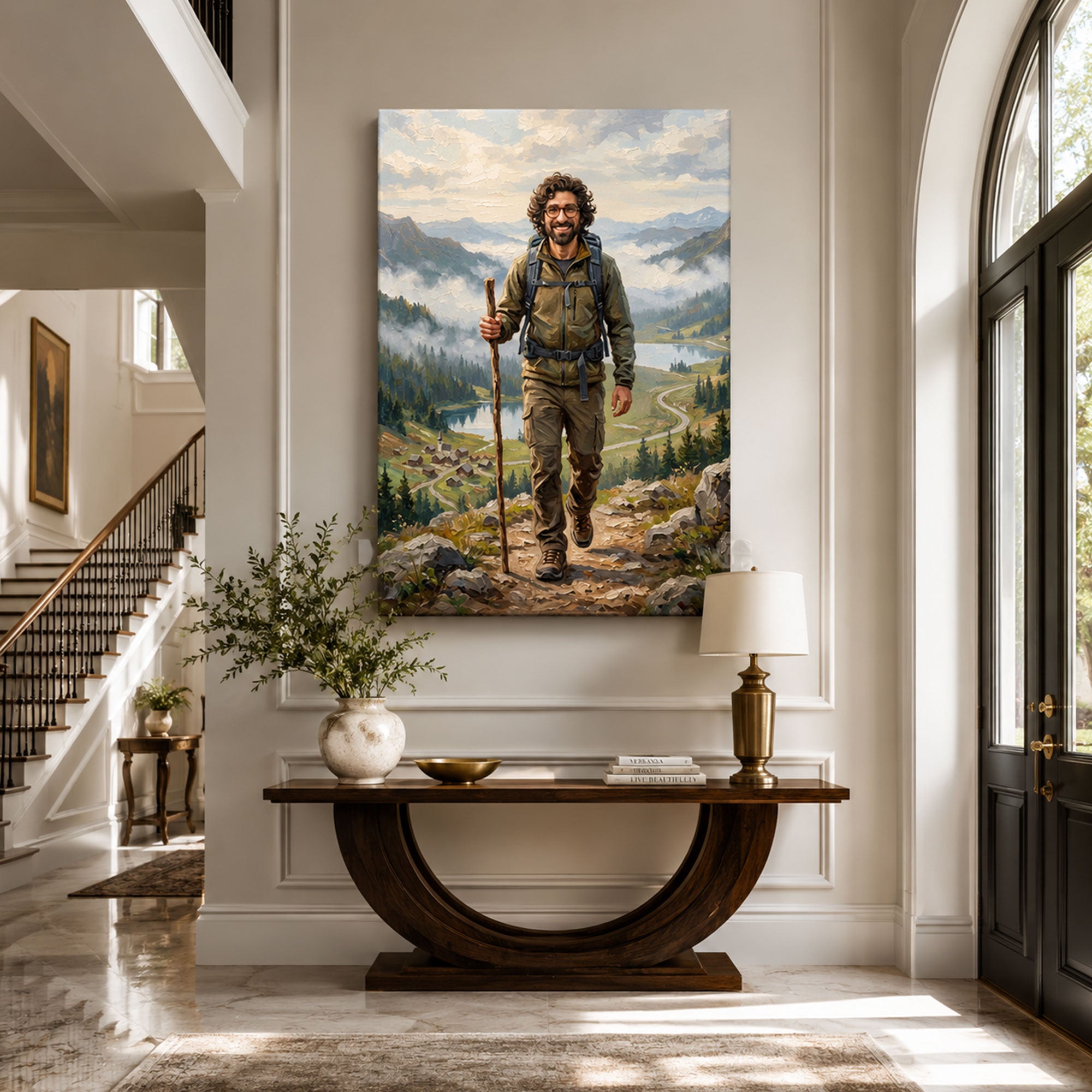 Custom Face For Dad Mountain Explorer Canvas, Personalized Hiking Portrait, Funny Father’s Day Gift