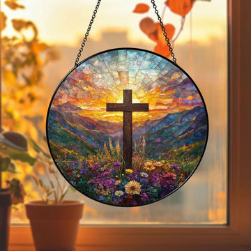 Stained Glass Cross with Wildflowers Suncatcher, Christian Window Hanging Decor, Floral Faith Gift, Religious Home Ornament