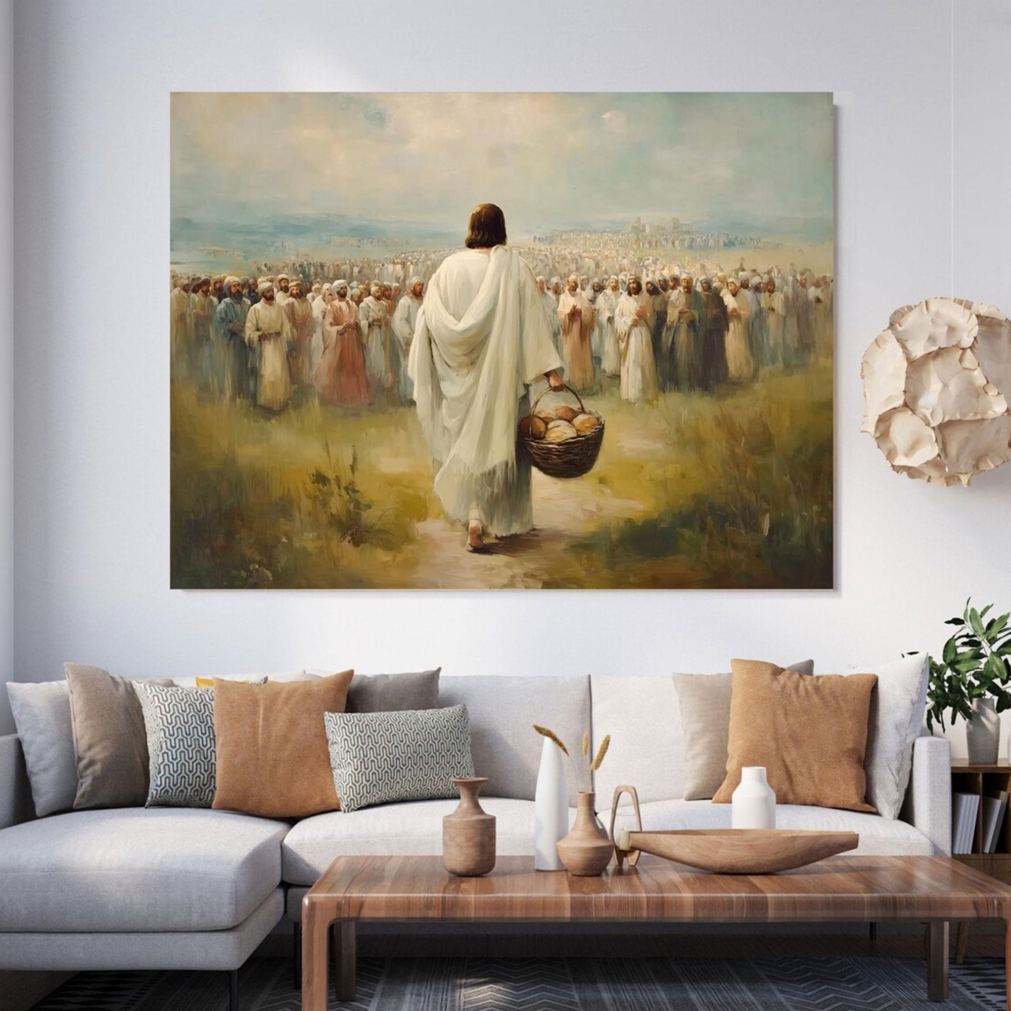 Jesus Feeding the Multitude Canvas Wall Art, Loaves and Fish Miracle Painting, Christian Faith Home Decor