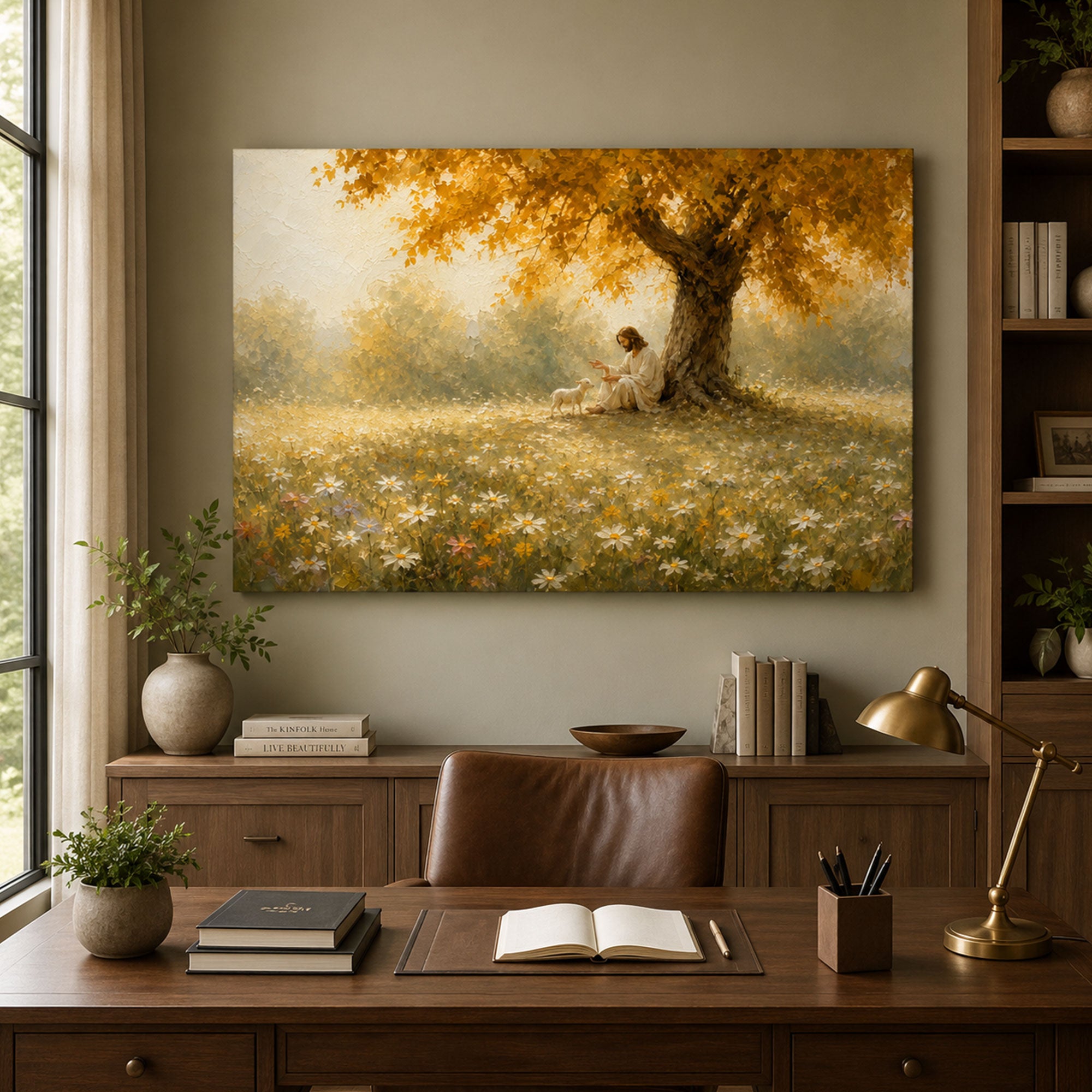 Good Shepherd Jesus with Lamb Canvas Print, Peaceful Christian Wall Art, Meadow Faith Home Decor