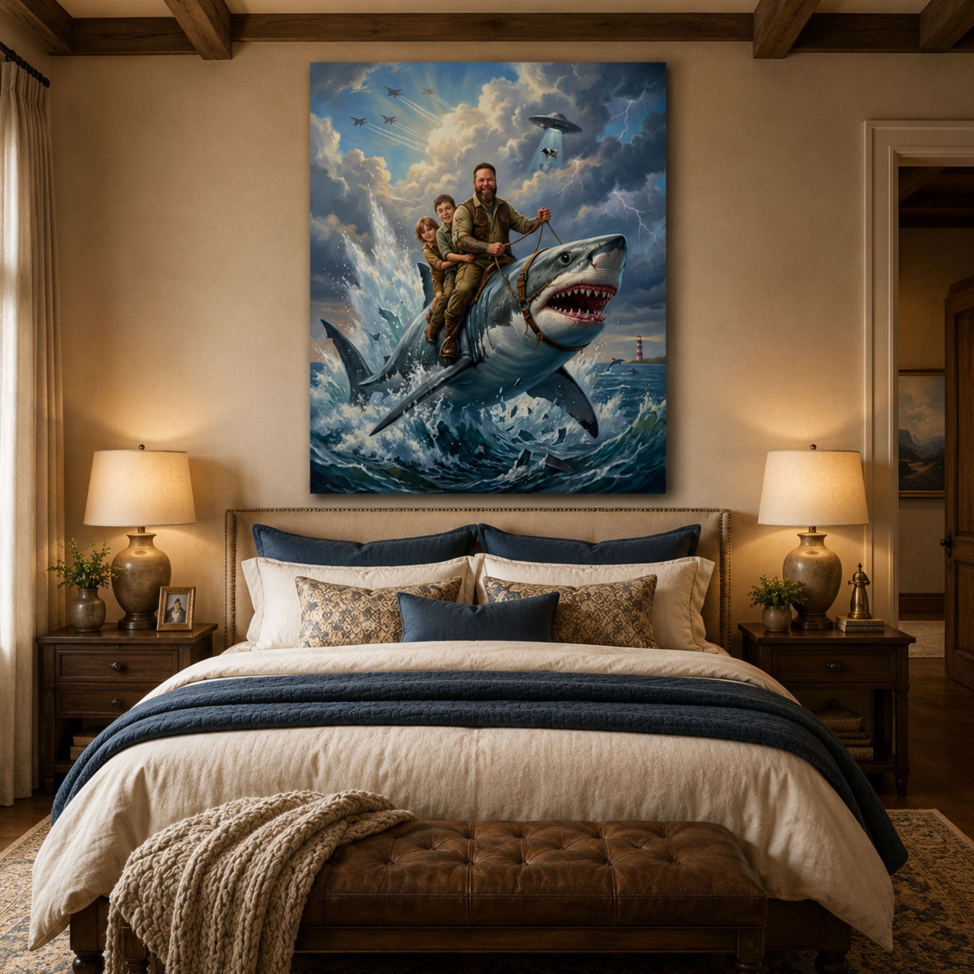 Personalized Shark Rider Canvas Print, Custom Dad and Kids Adventure Wall Art, Father’s Day Gift