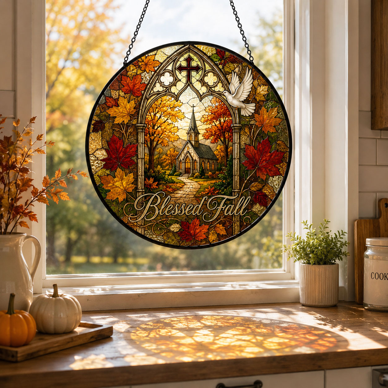 Blessed Fall Church Suncatcher, Autumn Leaves Christian Window Hanging, Faith Home Decor