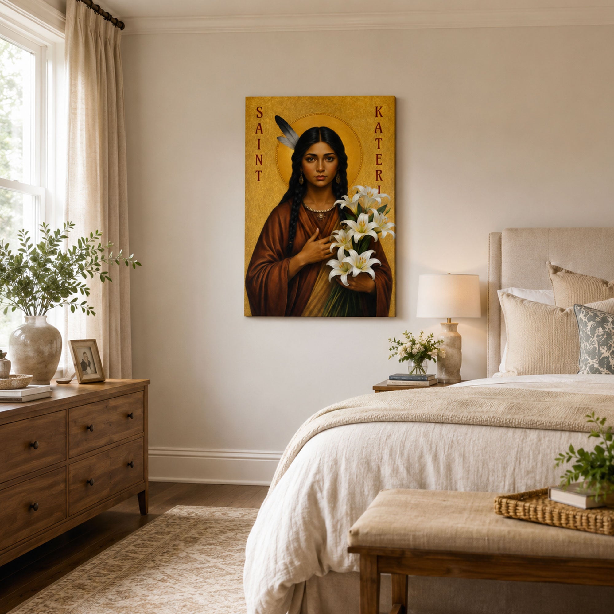 Saint Kateri with Lilies Canvas Print, Native American Catholic Saint Wall Art, Gold Icon Faith Home Decor Gift