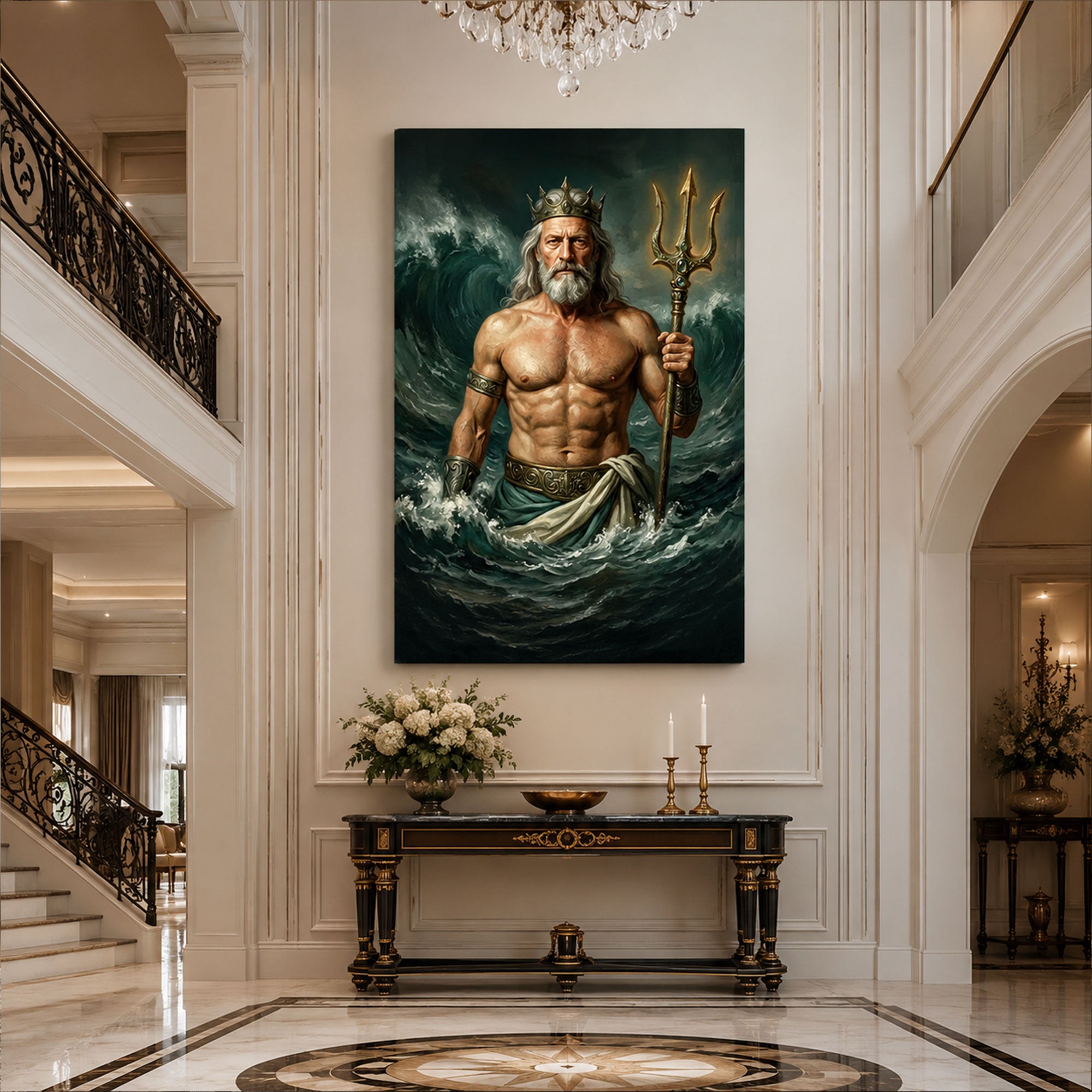 Custom Face For Dad Poseidon Canvas, Personalized Sea God Portrait, Funny Father’s Day Gift