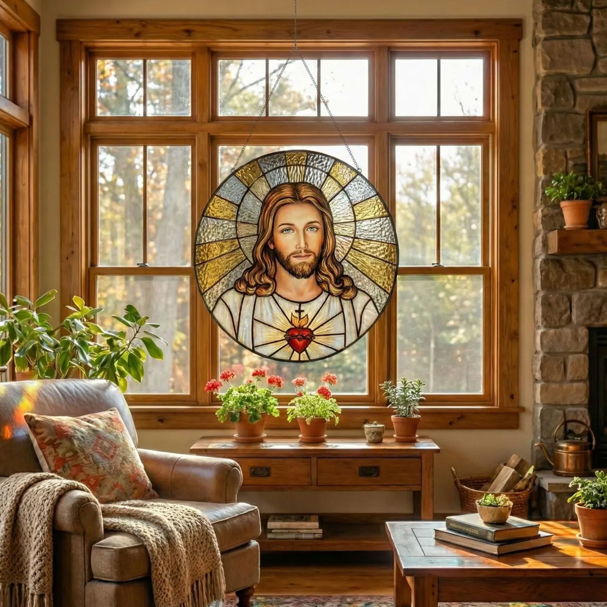 Sacred Heart of Jesus Stained Glass Suncatcher, Christian Window Hanging, Religious Sun Catcher, Catholic Home Decor, Faith Gift