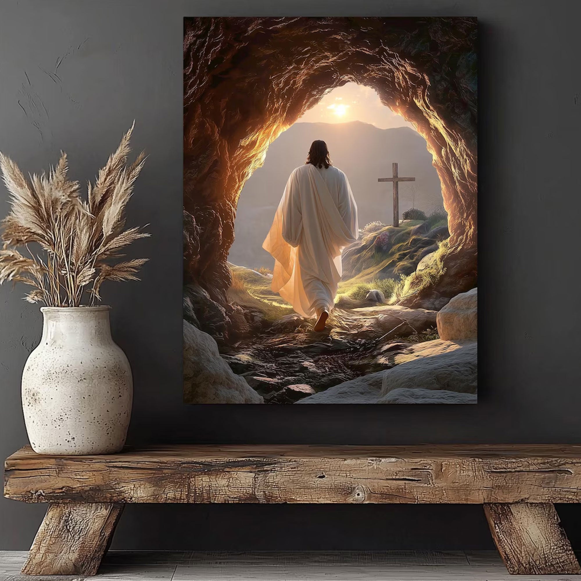Jesus Resurrection Canvas Wall Art, Risen Christ Painting, Peaceful Christian Home Decor