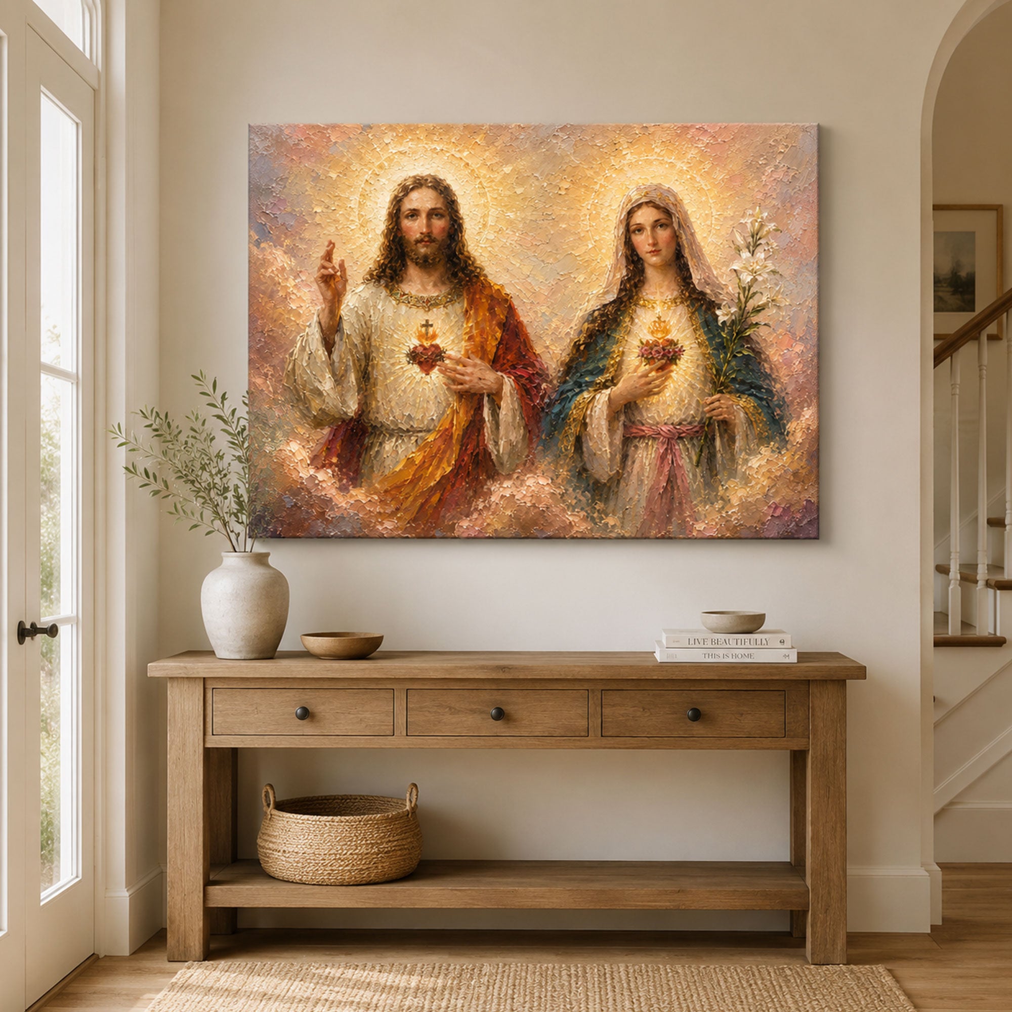 Sacred Heart of Jesus and Immaculate Heart of Mary Canvas Print, Catholic Wall Art, Christian Religious Home Decor, Devotional Faith Gift