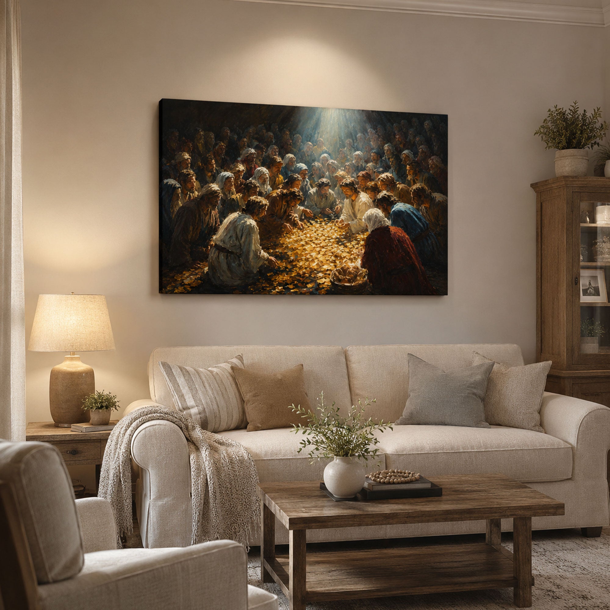 Jesus Feeding the Multitude Canvas Print, Miracle of Loaves and Fishes Christian Wall Decor, Faith Gift