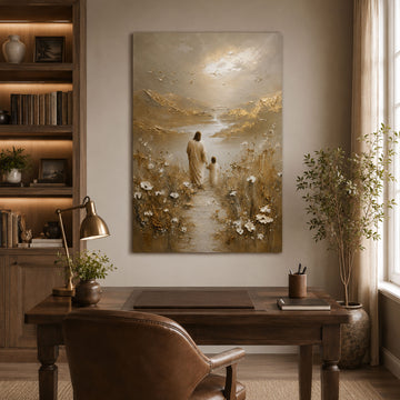 Jesus Walking with Child Canvas Print, Christian Wall Art, Peaceful Faith Home Decor