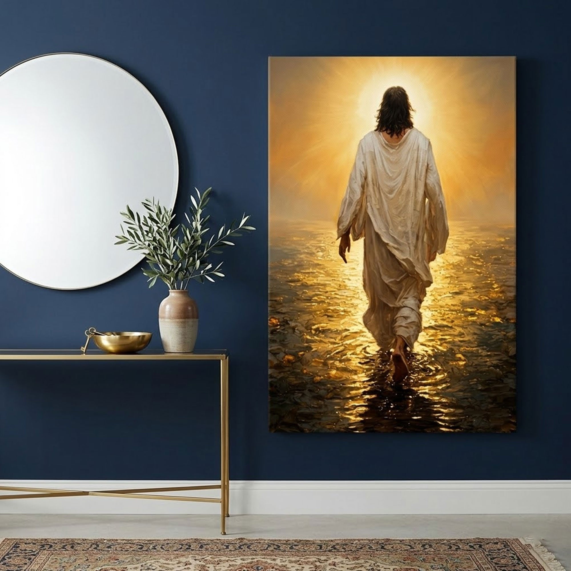 Jesus Walking on Water Canvas Print, Golden Light Christian Wall Art, Inspirational Faith Home Decor