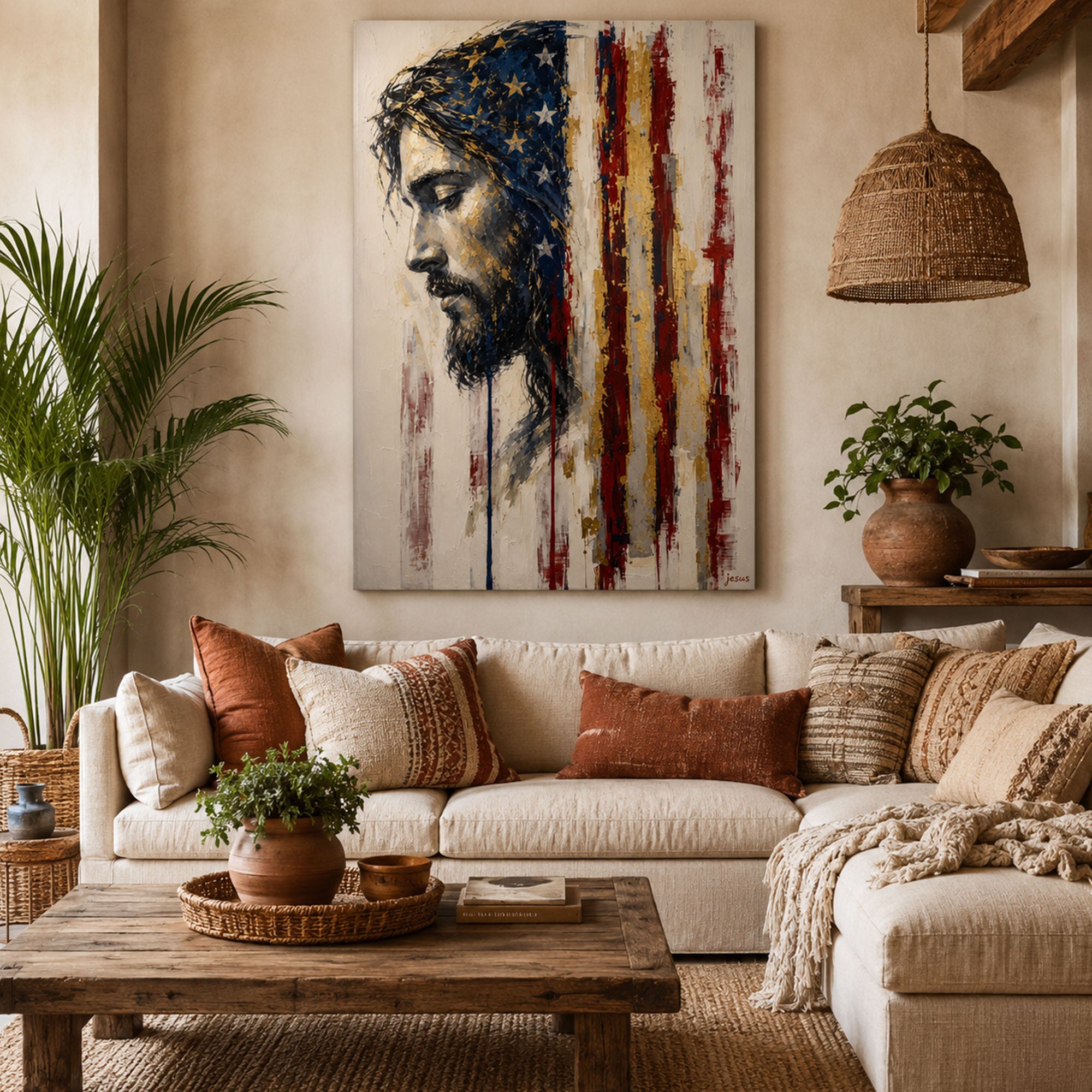 Patriotic Jesus American Flag Canvas Print, Christian USA Wall Art, Modern Faith Home Decor