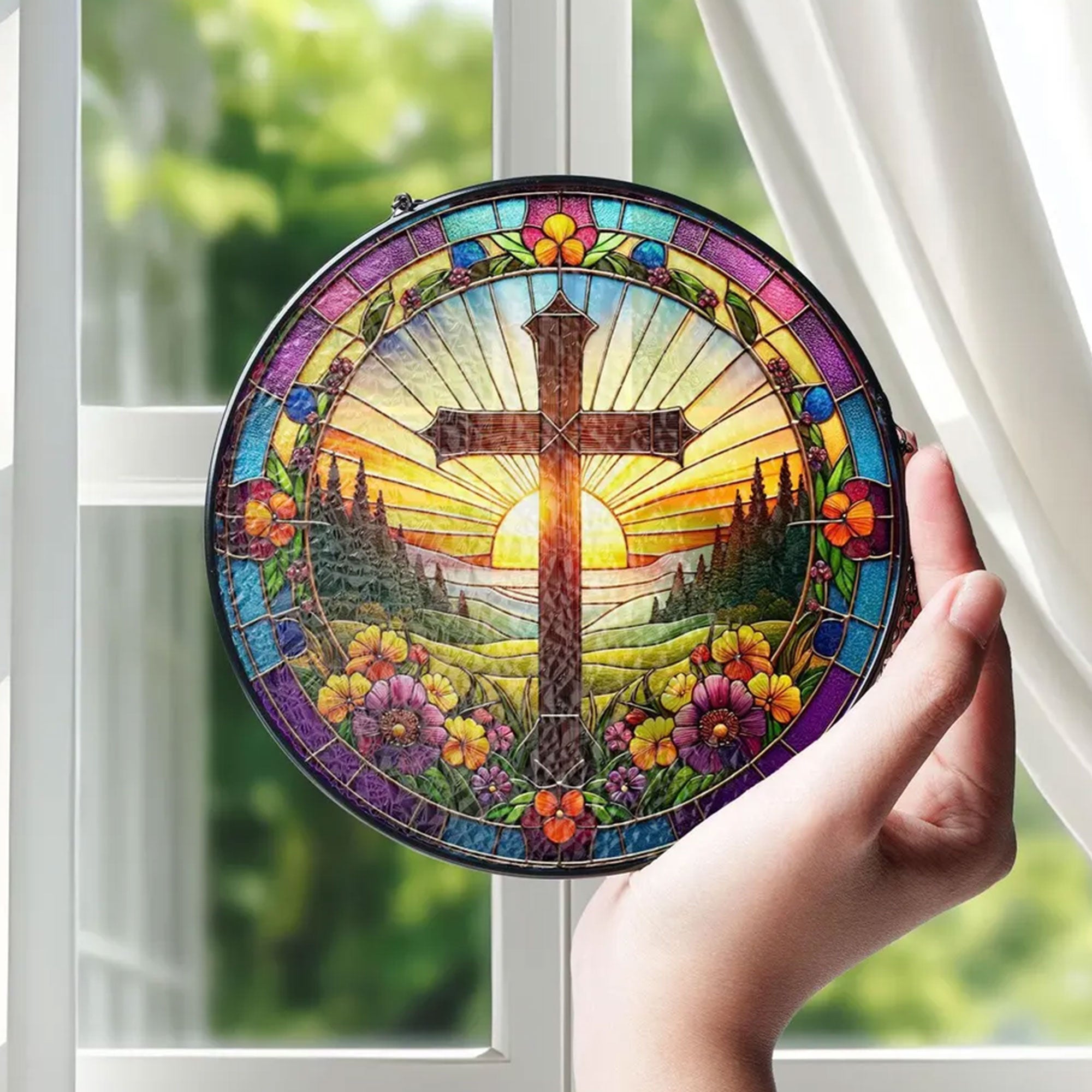 Christian Cross Stained Glass Suncatcher, Floral Window Hanging Decor, Religious Home Decor, Memorial Gift
