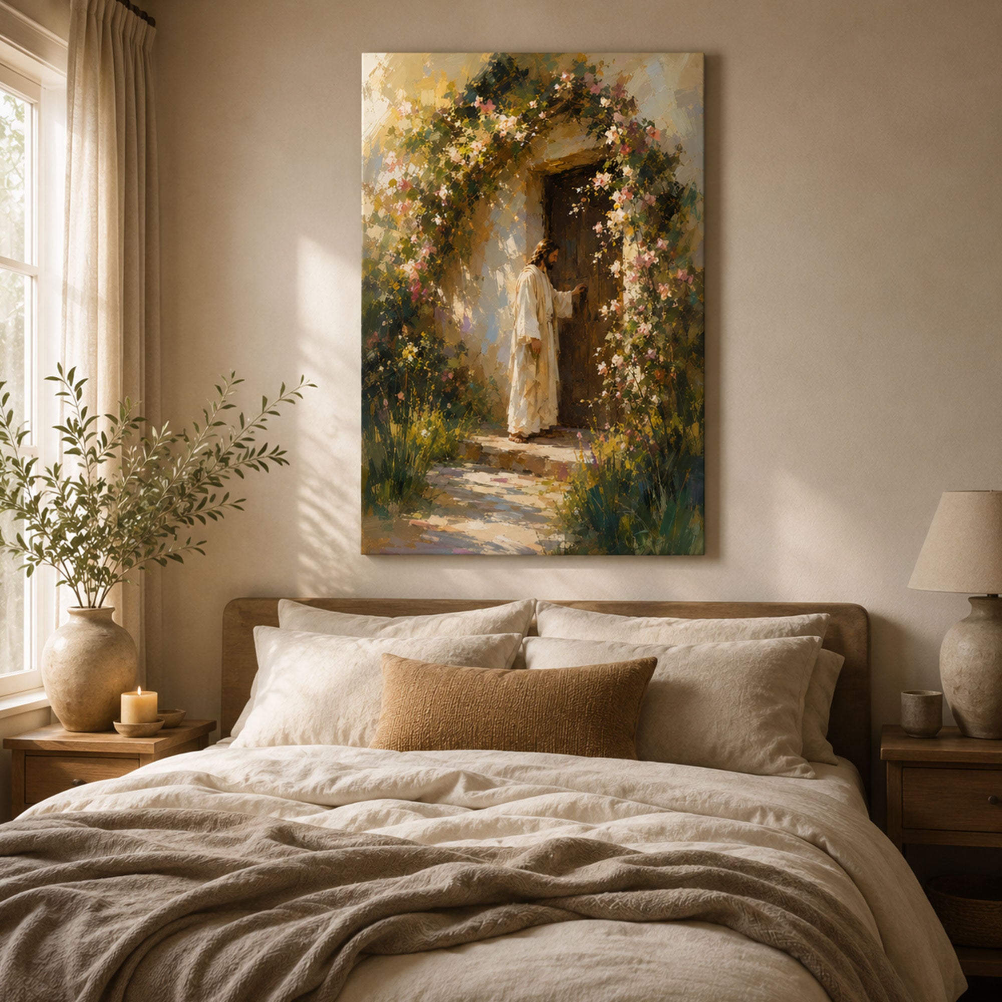 Jesus Knocking at the Door Canvas Print, Floral Christian Wall Art, Faith Home Decor